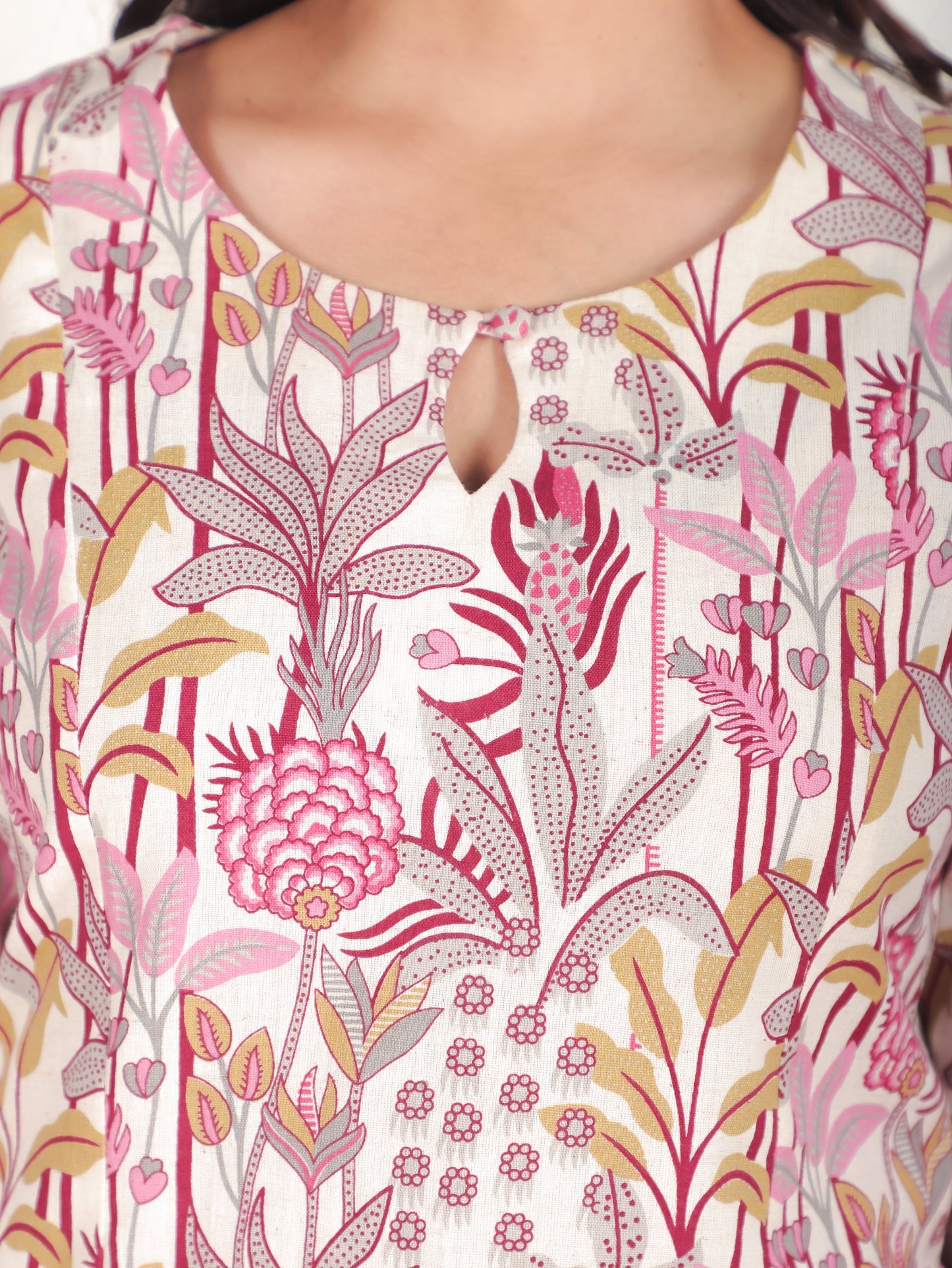 Linen Cotton Floral Panelled Off White Kurta