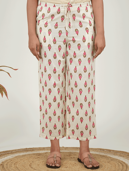 Soft Cotton Floral Cream Straight Trousers