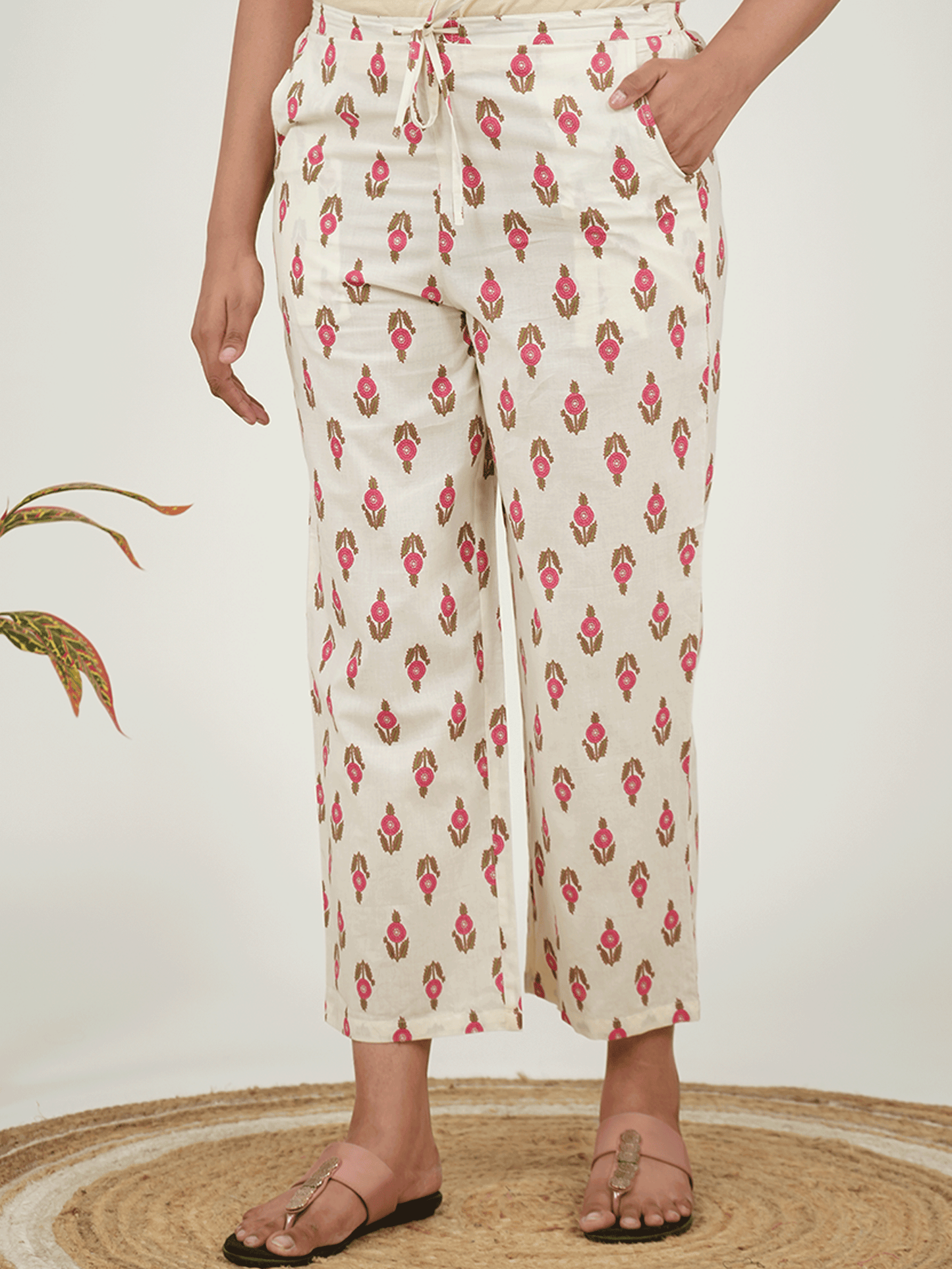 Soft Cotton Floral Cream Straight Trousers