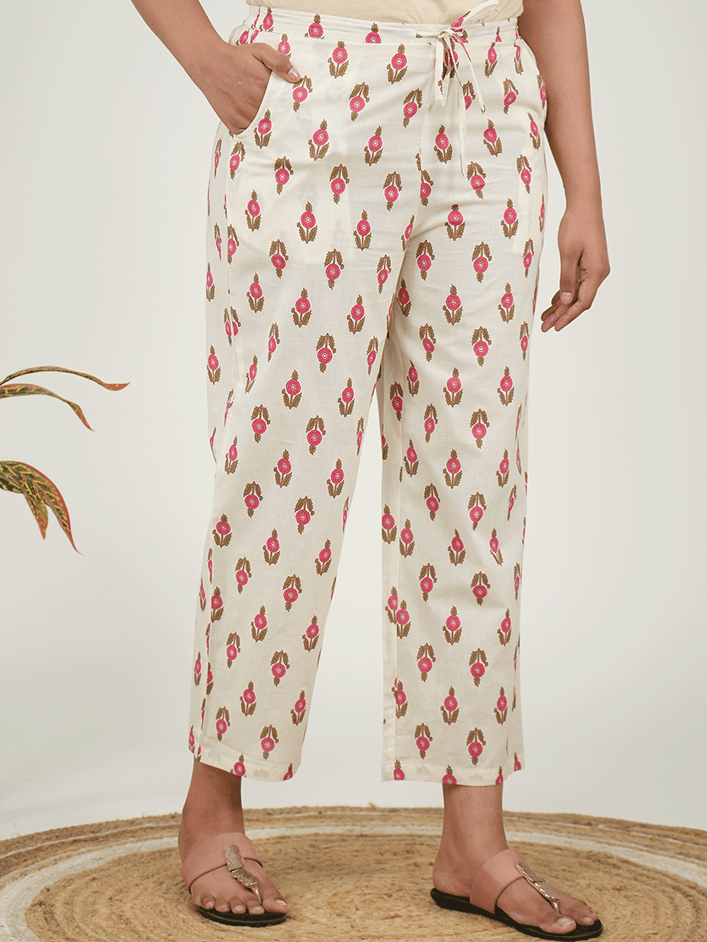 Soft Cotton Floral Cream Straight Trousers