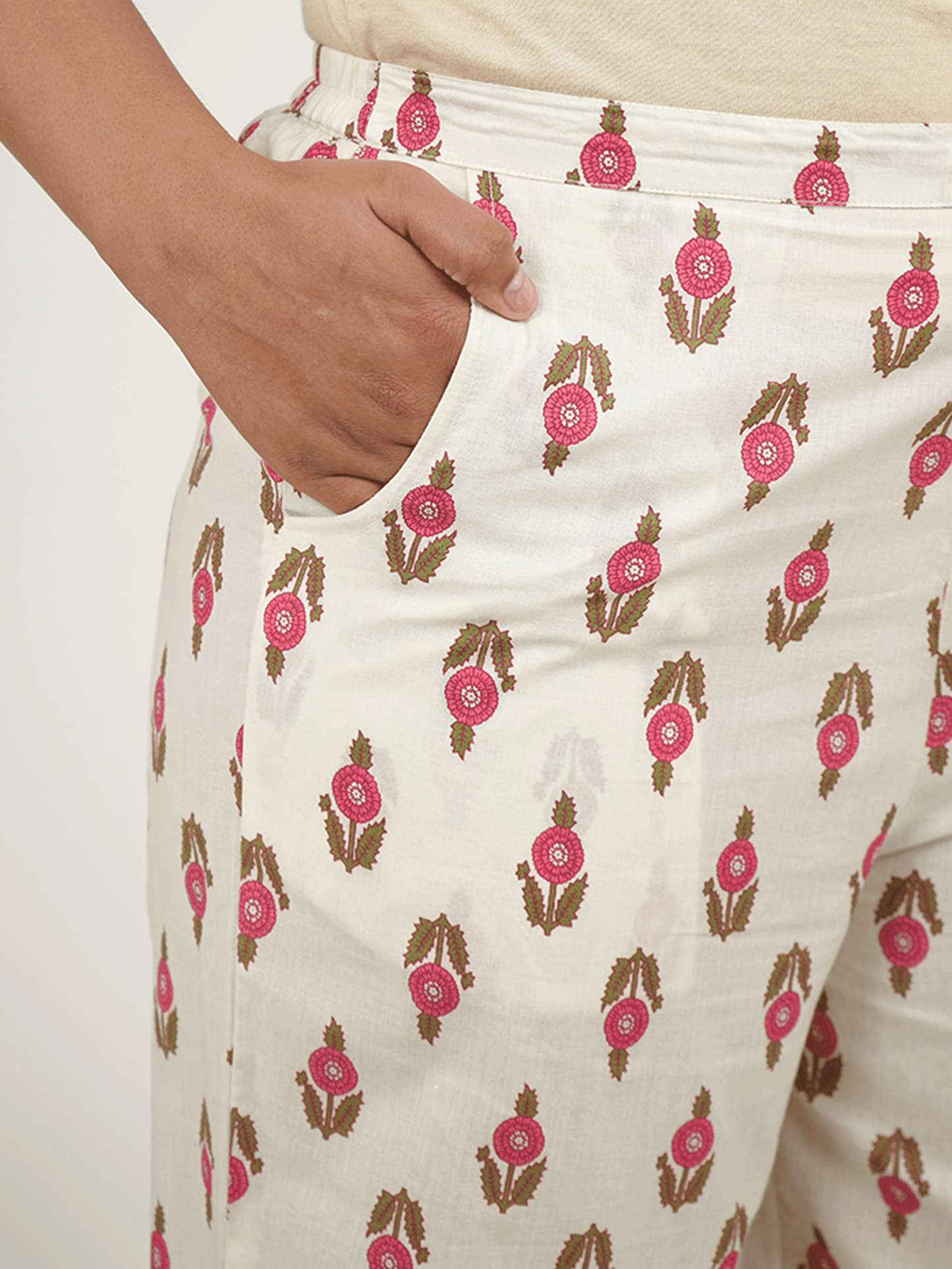 Soft Cotton Floral Cream Straight Trousers