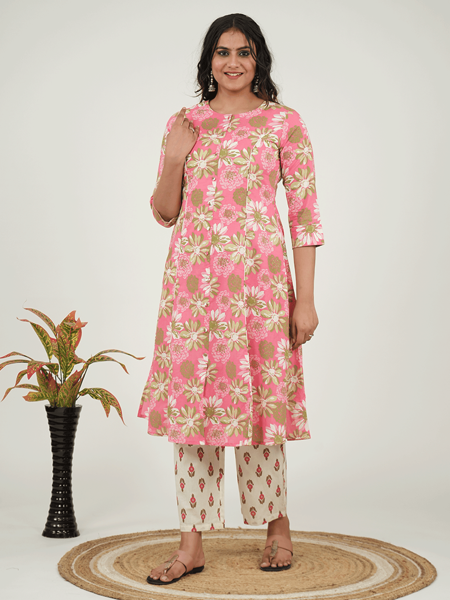 Soft Cotton Floral Flared Pink Kurta