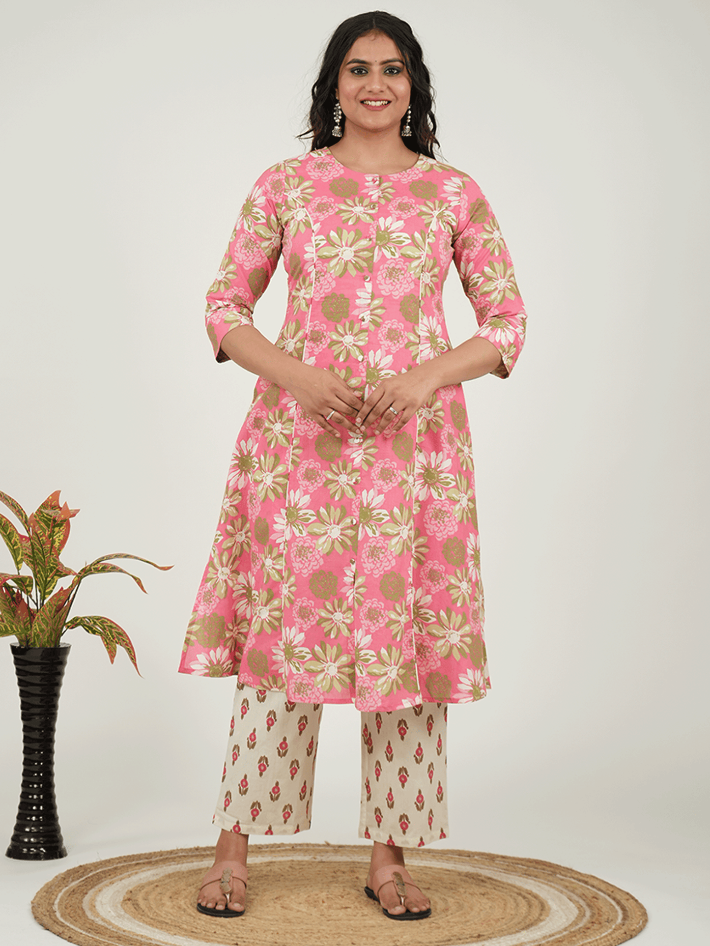 Soft Cotton Floral Flared Pink Kurta