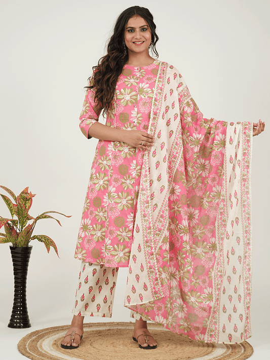 Soft Cotton Floral Flared Pink Kurta