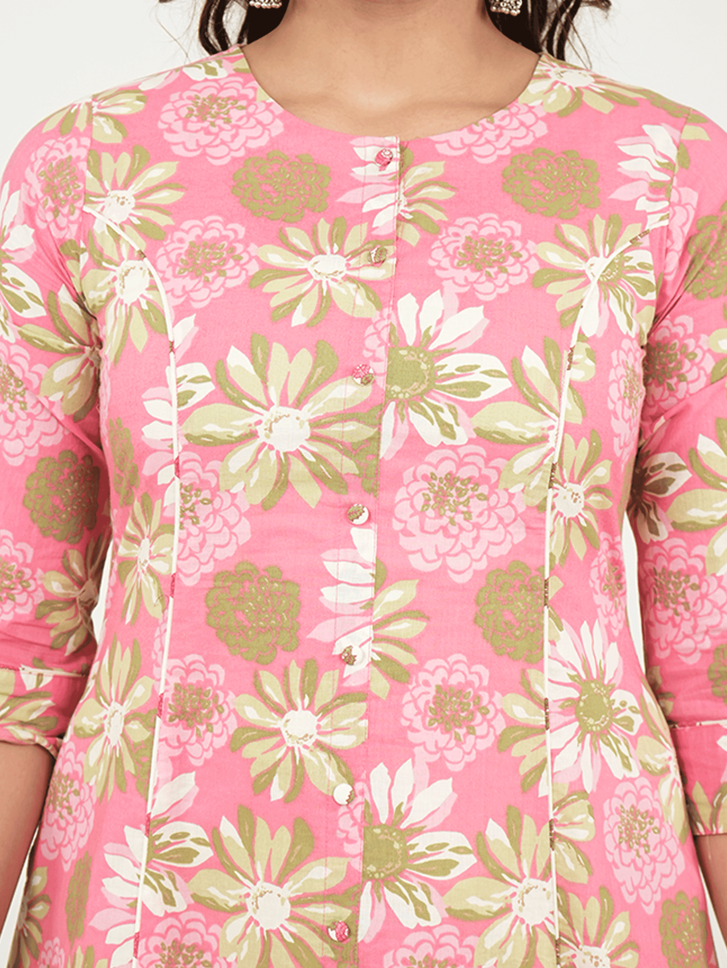 Soft Cotton Floral Flared Pink Kurta