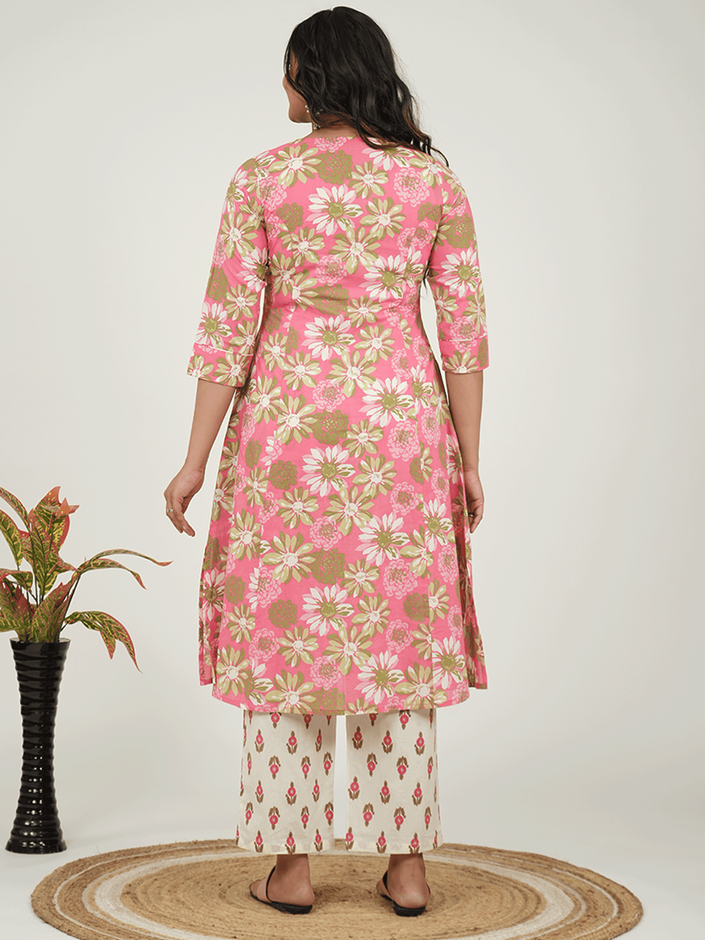 Soft Cotton Floral Flared Pink Kurta