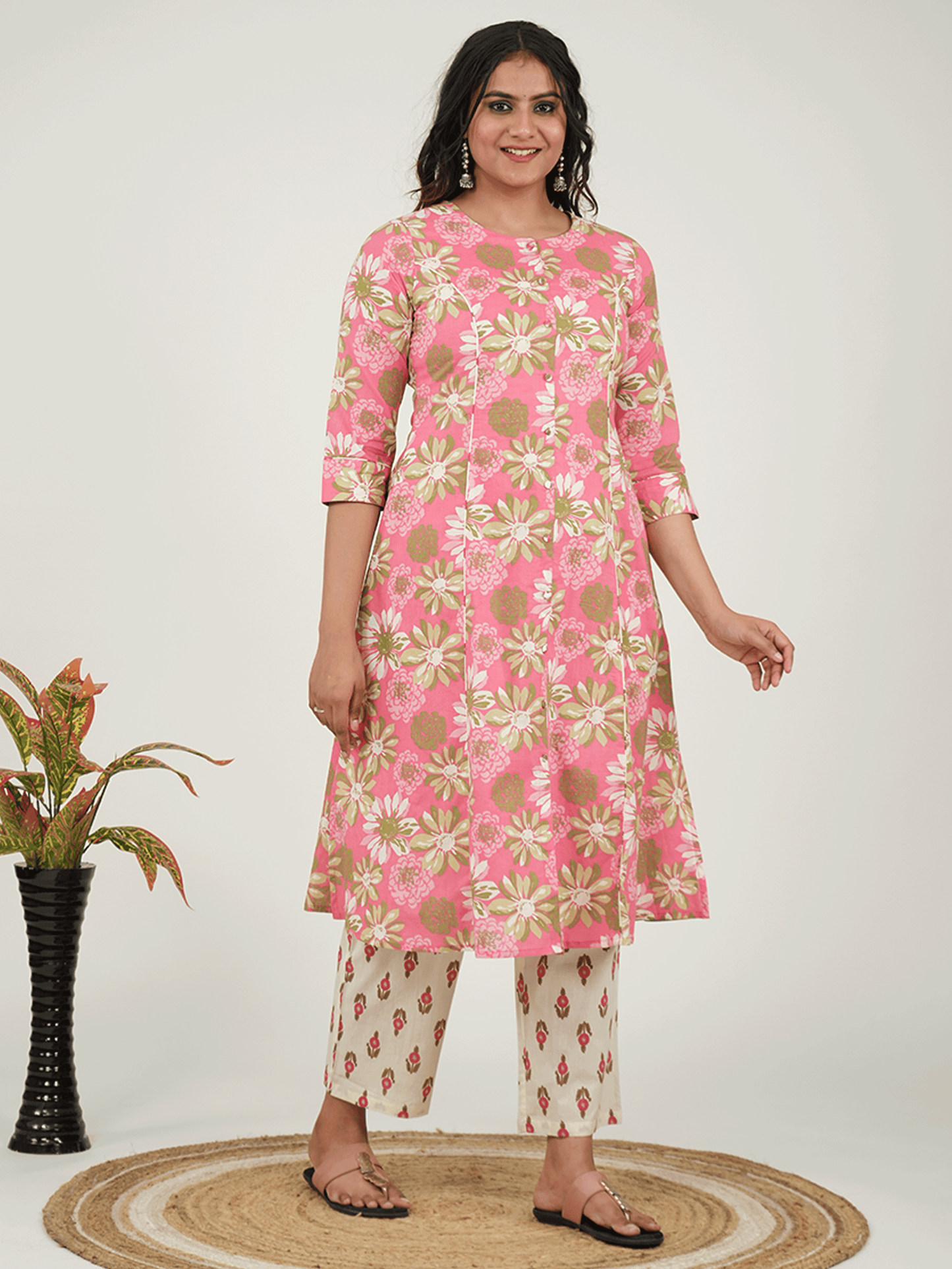 Soft Cotton Floral Flared Pink Kurta