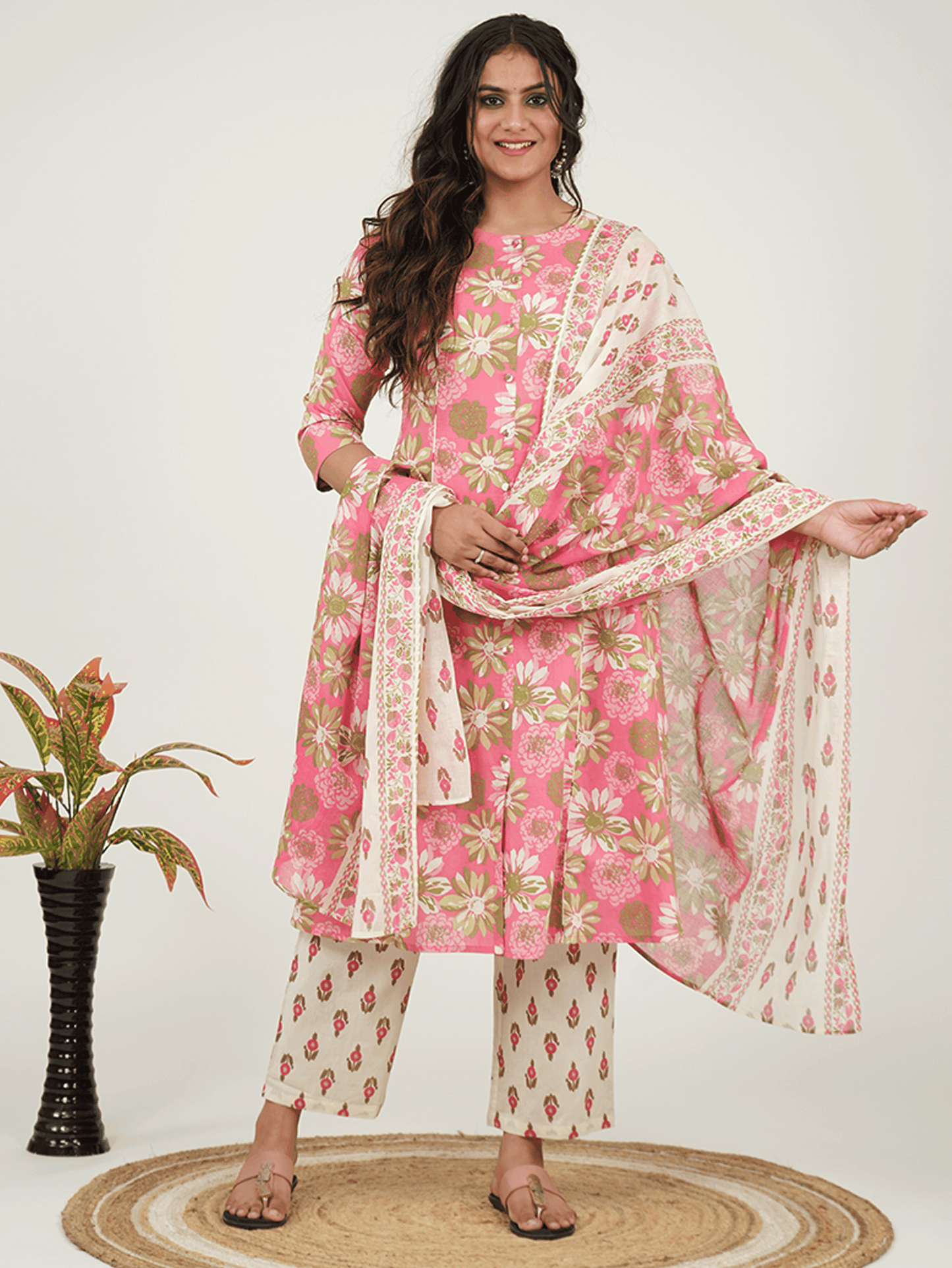 Soft Cotton Floral Flared Pink Kurta