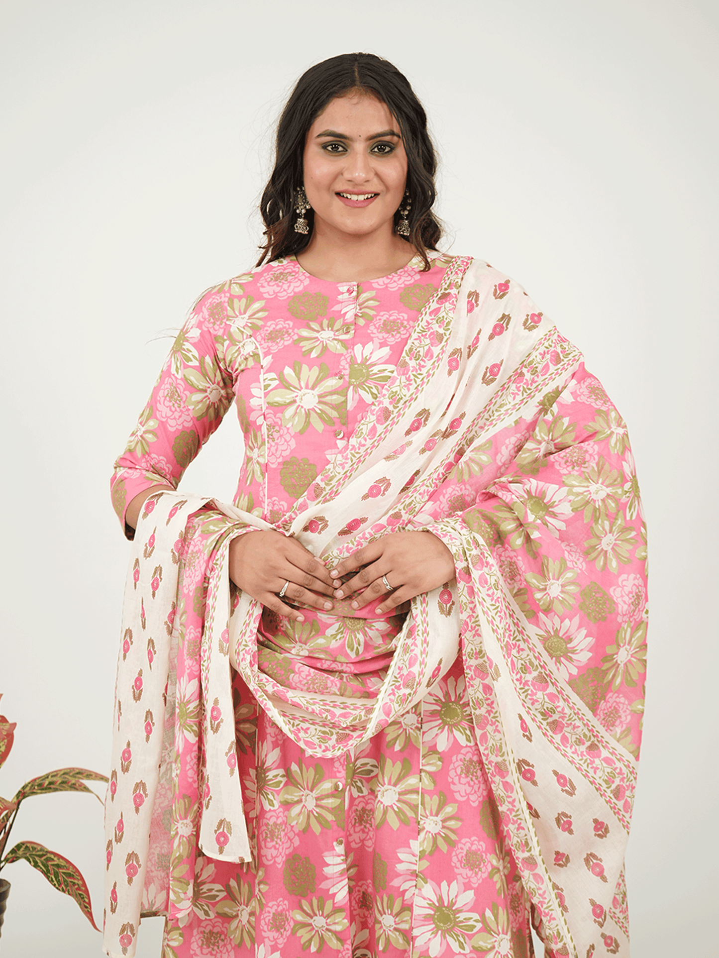 Soft Cotton Floral Flared Pink Kurta