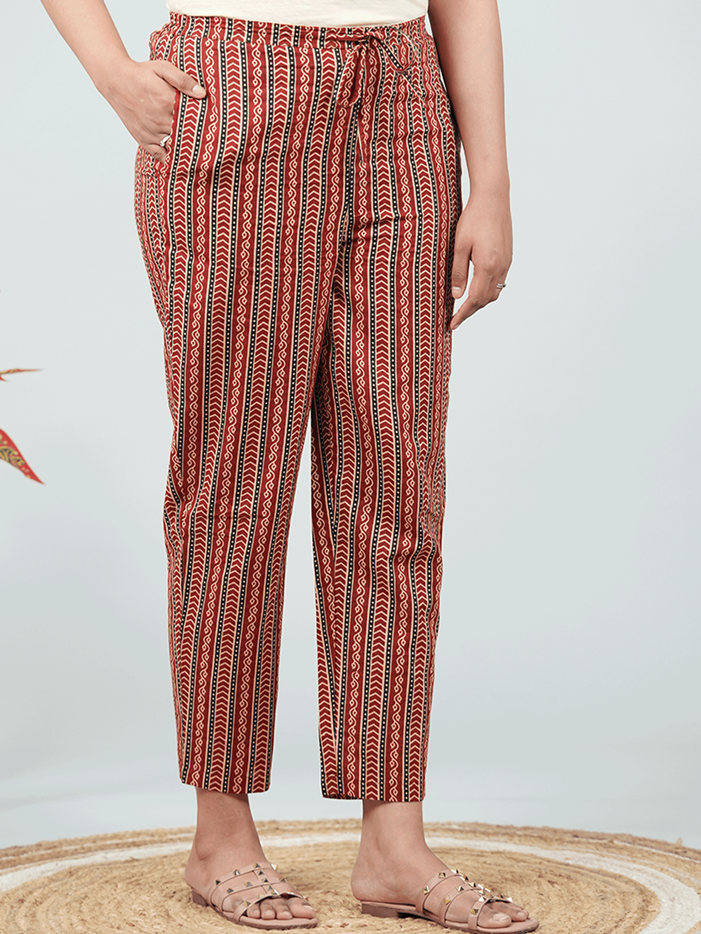 Soft Cotton Striped Red Tapered Trousers