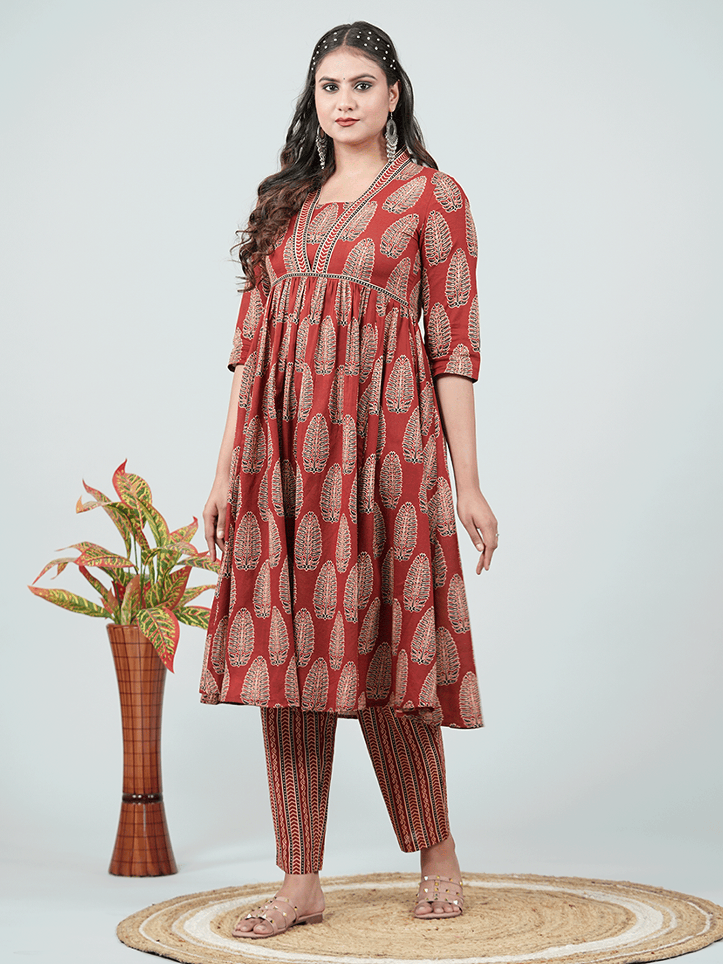 Soft Cotton Ajrakh Gathered Red Kurta