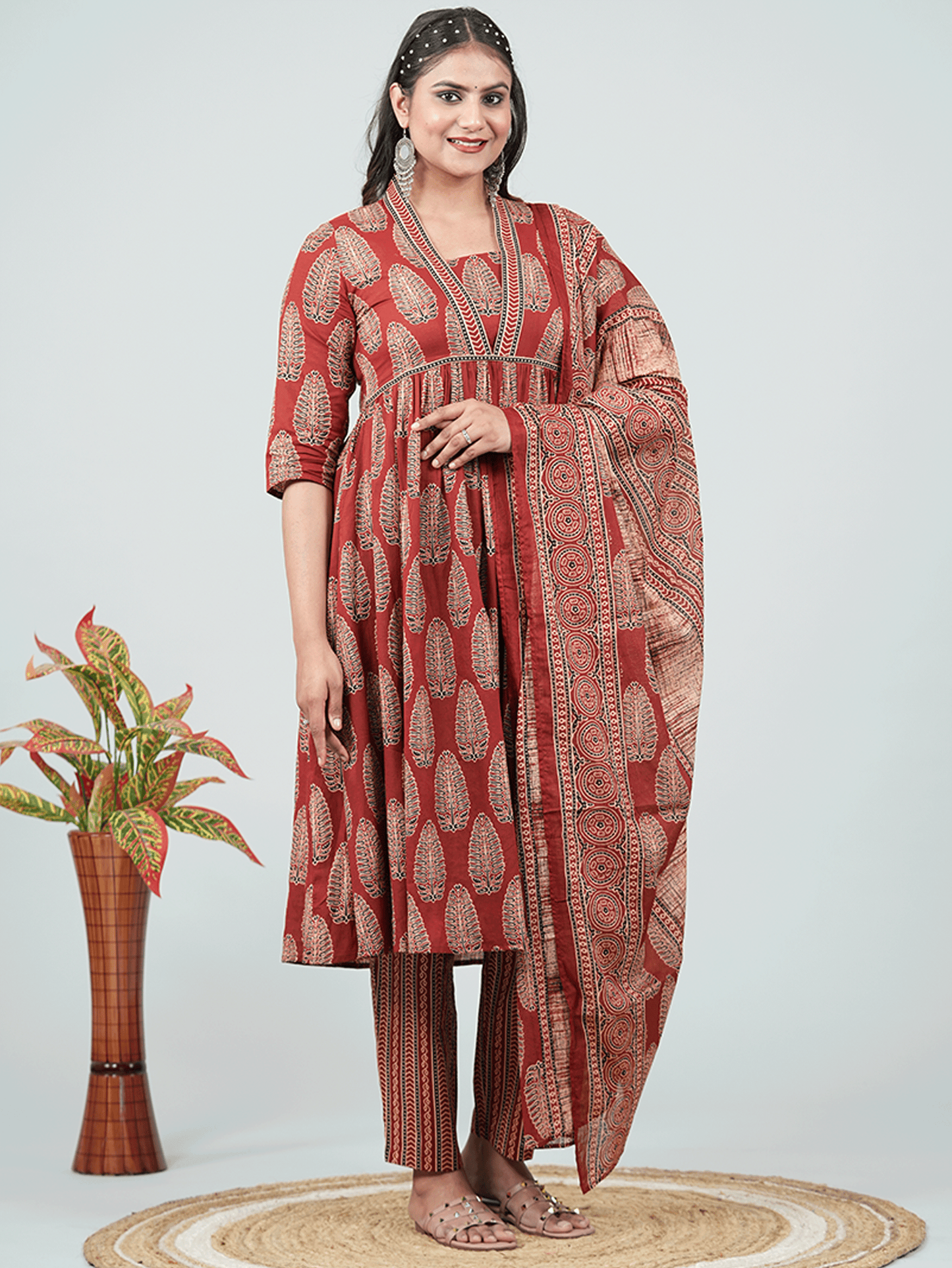 Soft Cotton Ajrakh Gathered Red Kurta