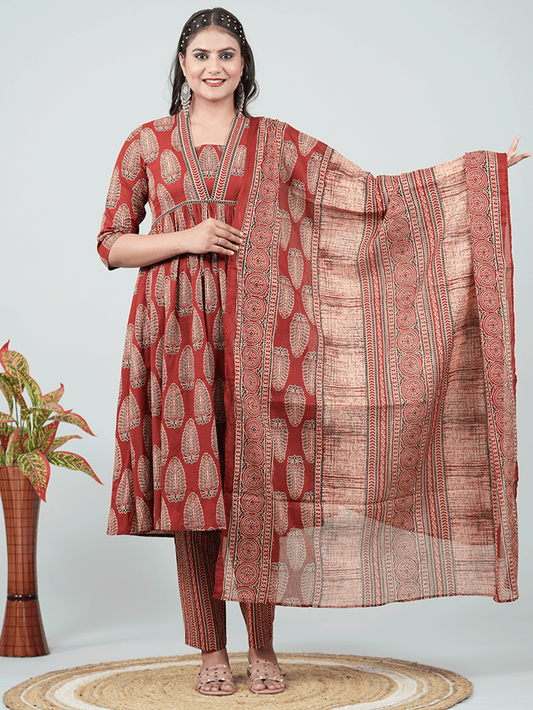 Soft Cotton Ajrakh Gathered Red Kurta
