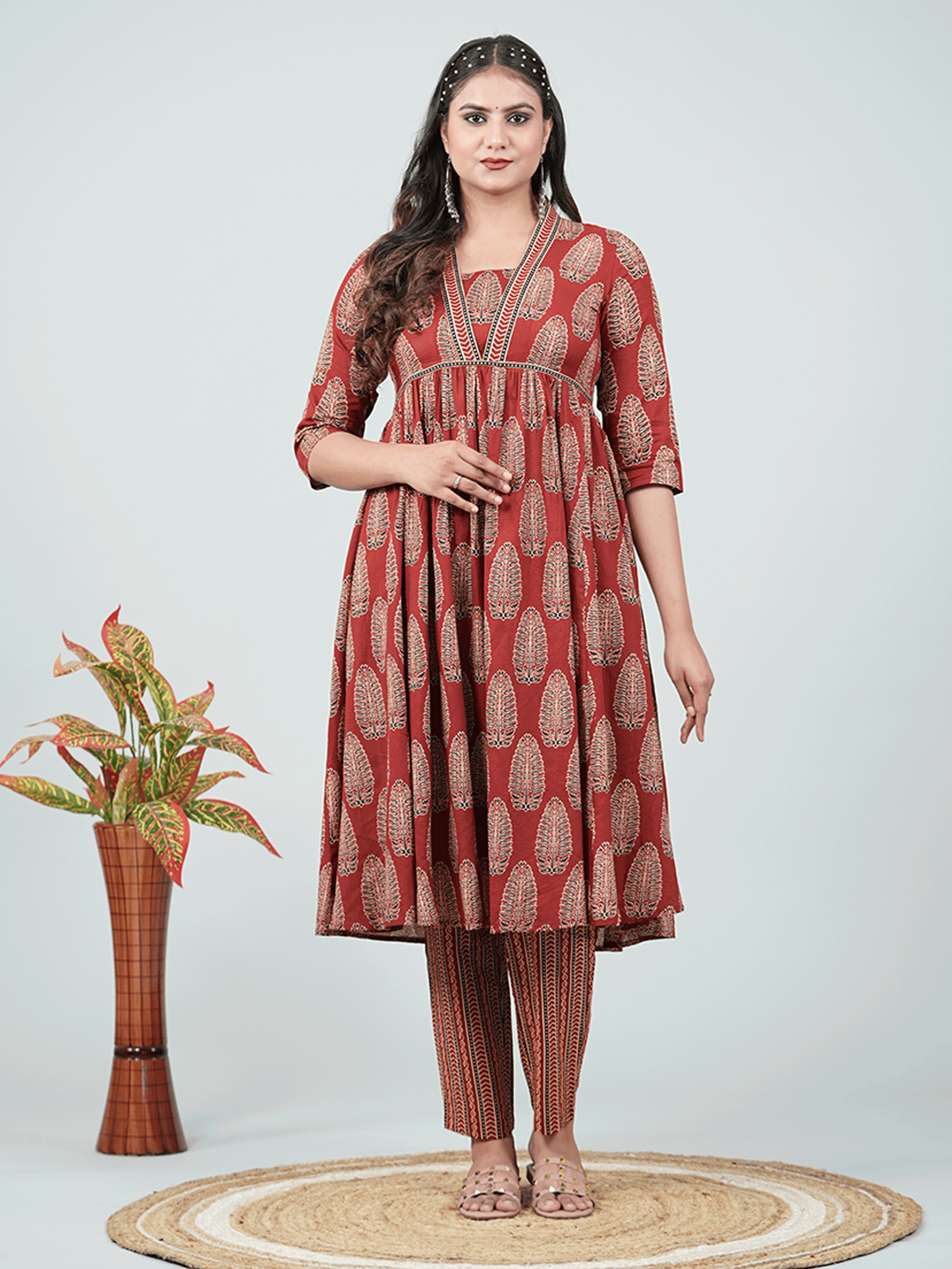 Soft Cotton Ajrakh Gathered Red Kurta