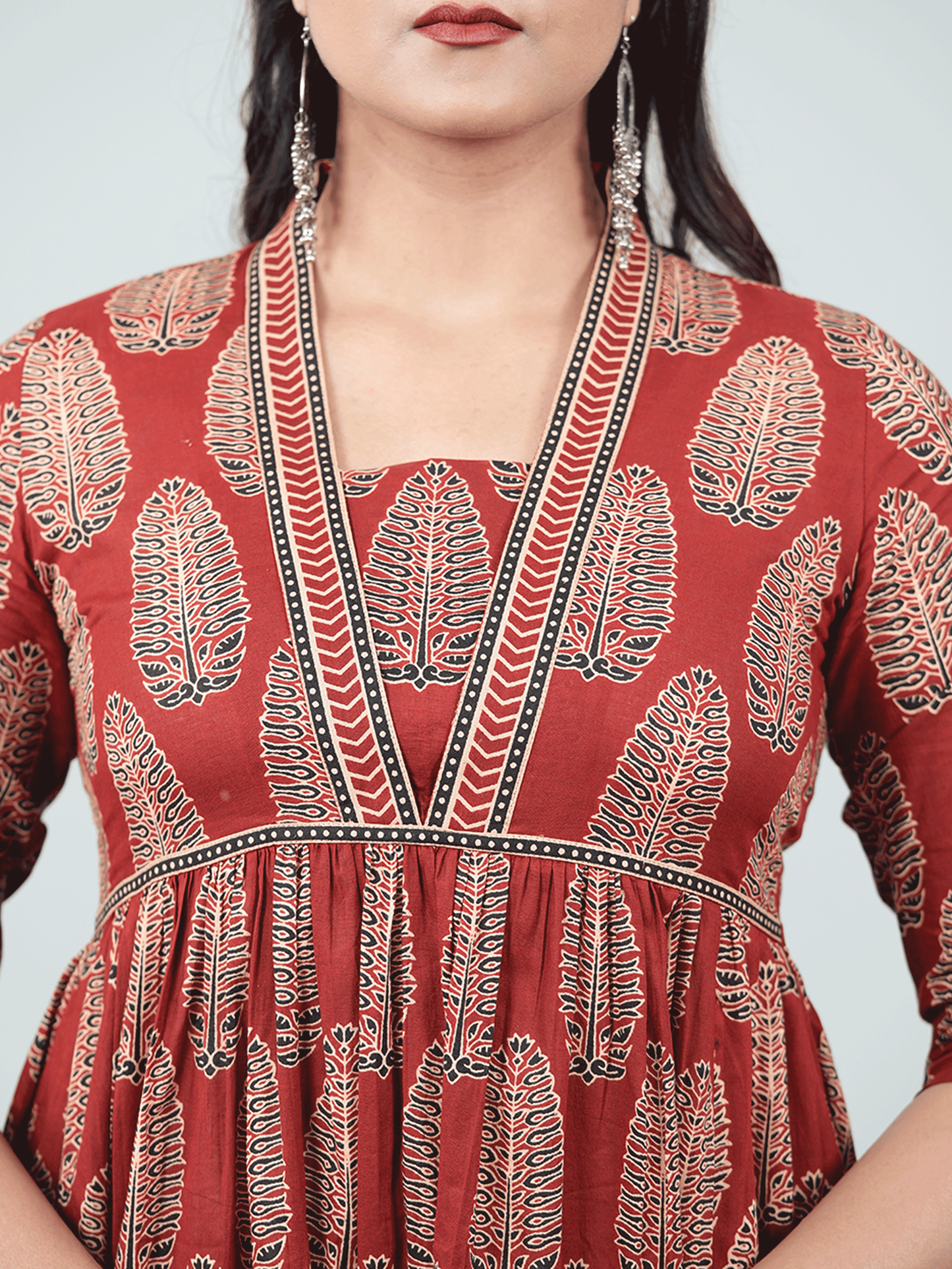 Soft Cotton Ajrakh Gathered Red Kurta