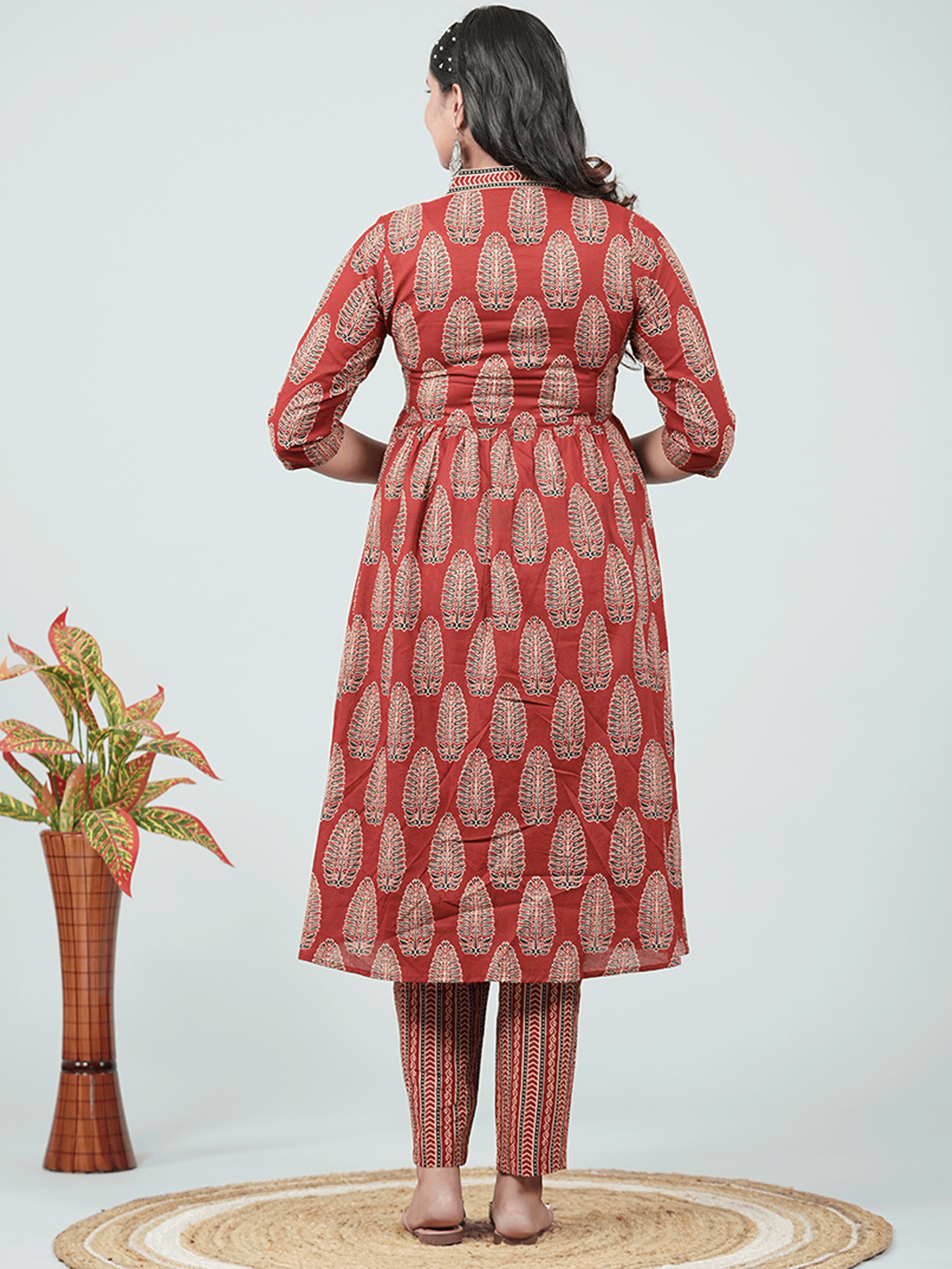 Soft Cotton Ajrakh Gathered Red Kurta