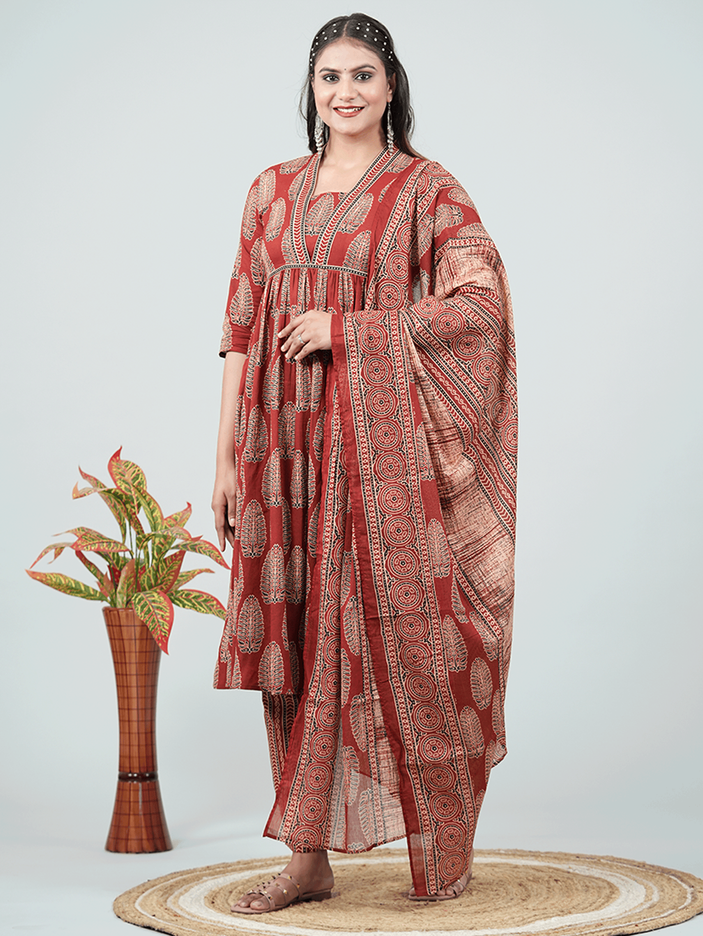 Soft Cotton Ajrakh Gathered Red Kurta