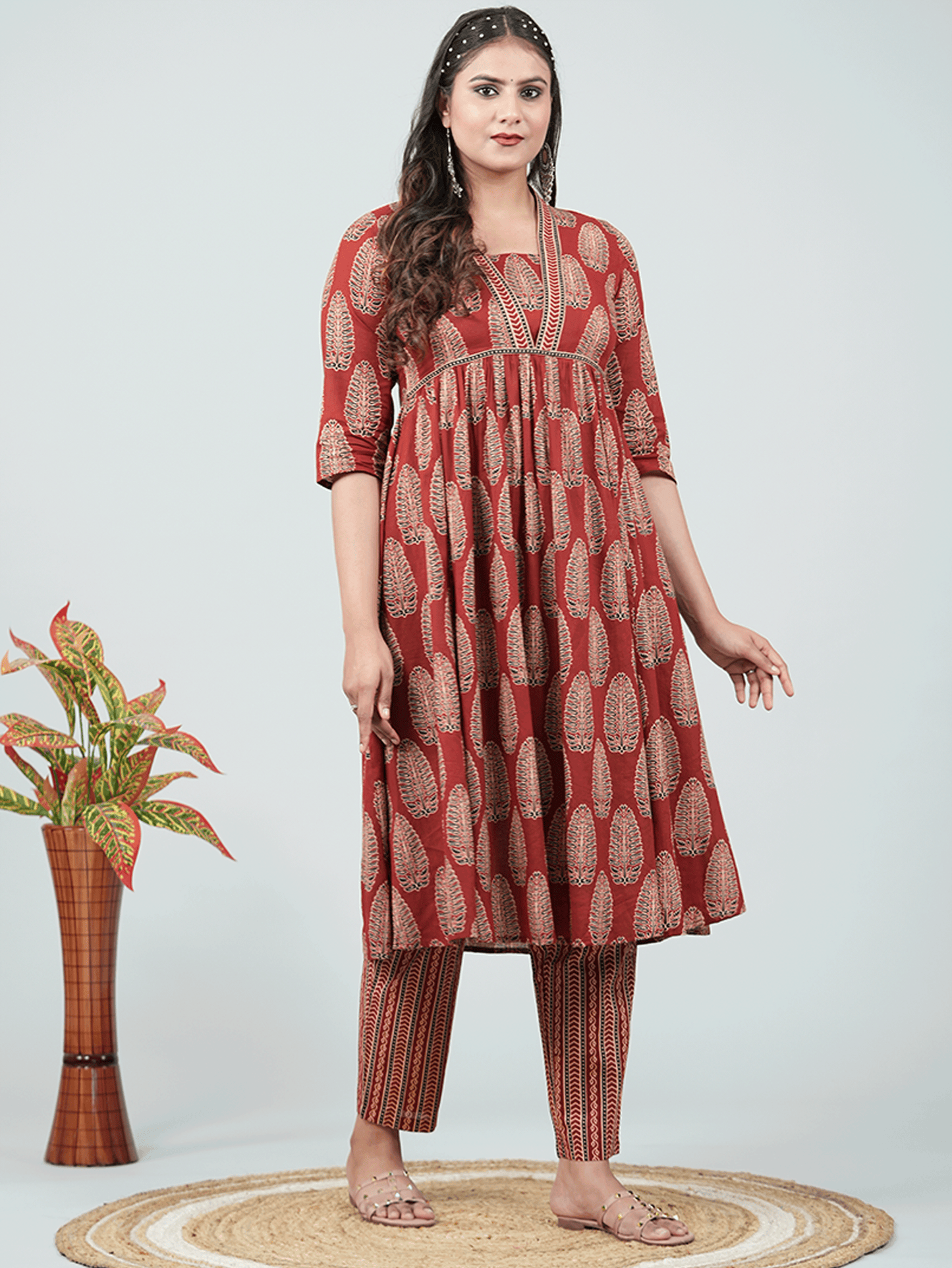 Soft Cotton Ajrakh Gathered Red Kurta