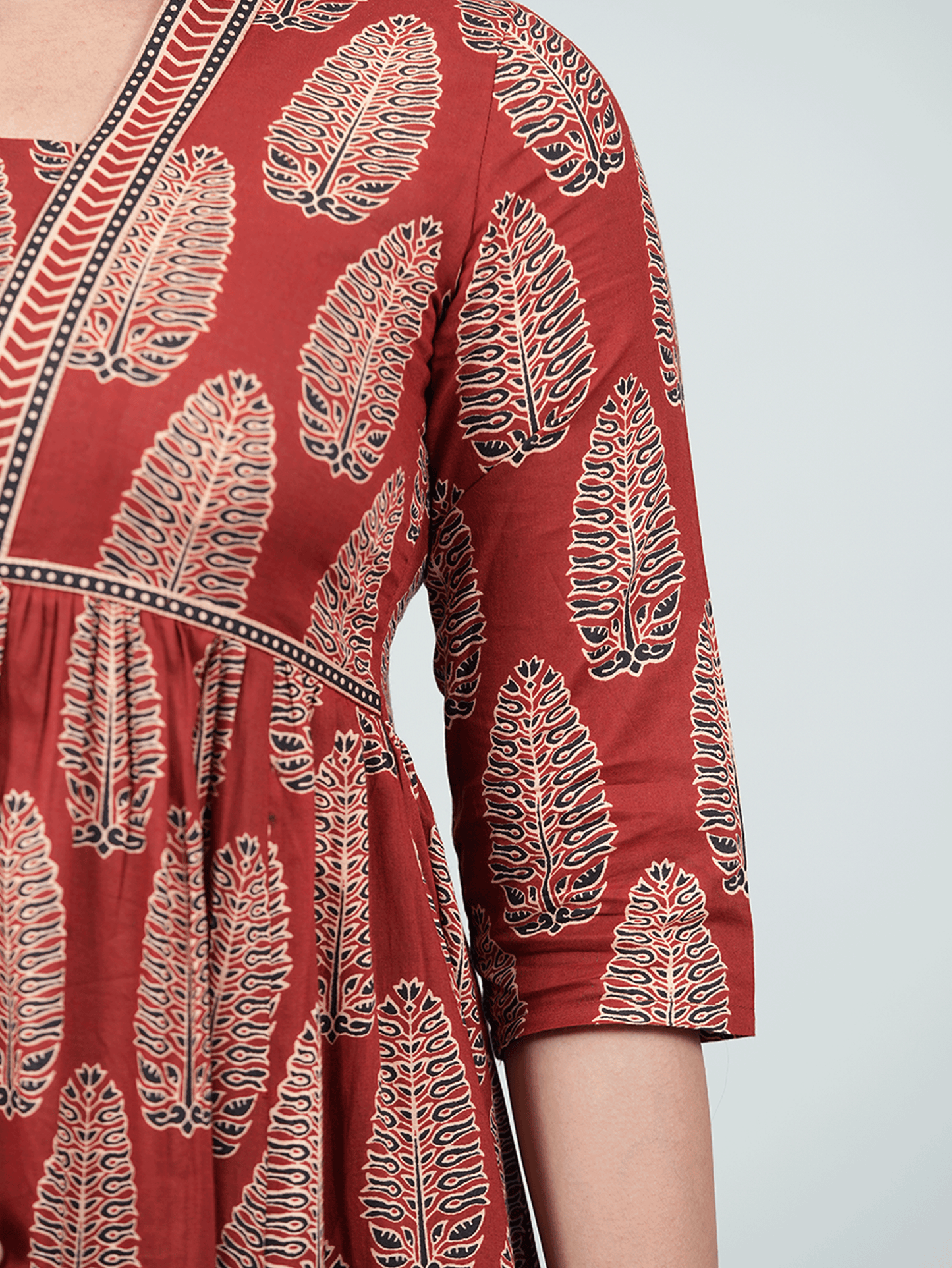 Soft Cotton Ajrakh Gathered Red Kurta