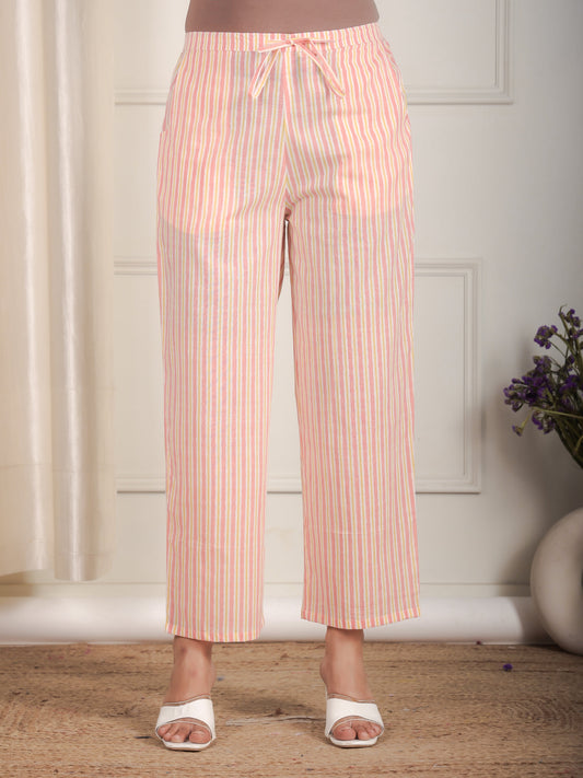 Soft Cotton Striped Peach Tapered Trousers