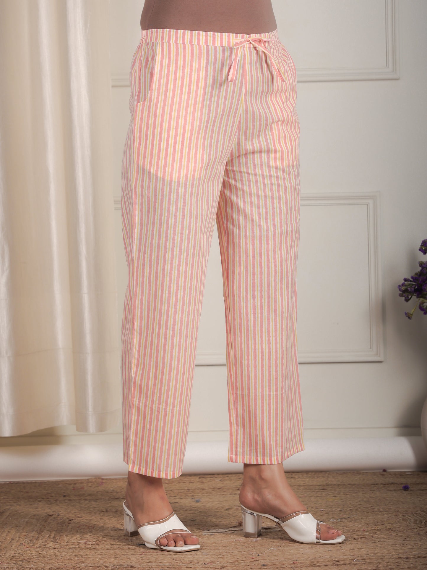 Soft Cotton Striped Peach Tapered Trousers