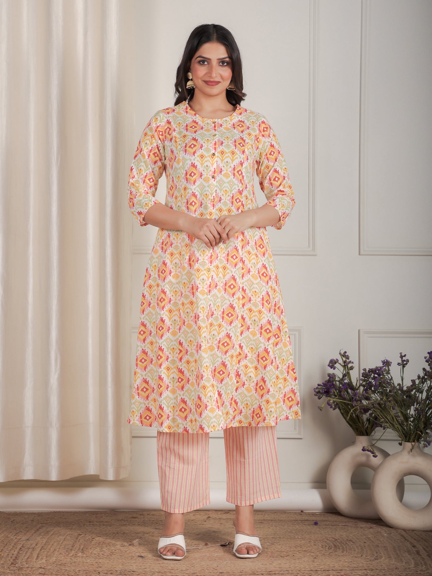 Soft Cotton Ikat A-line Peach Kurta
