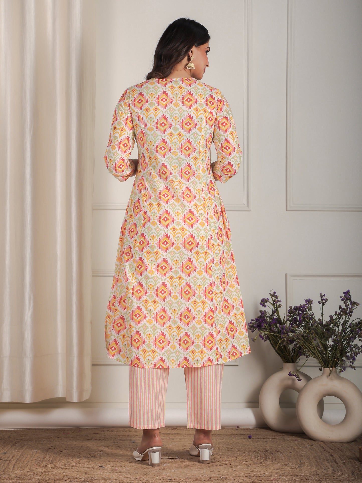 Soft Cotton Ikat A-line Peach Kurta