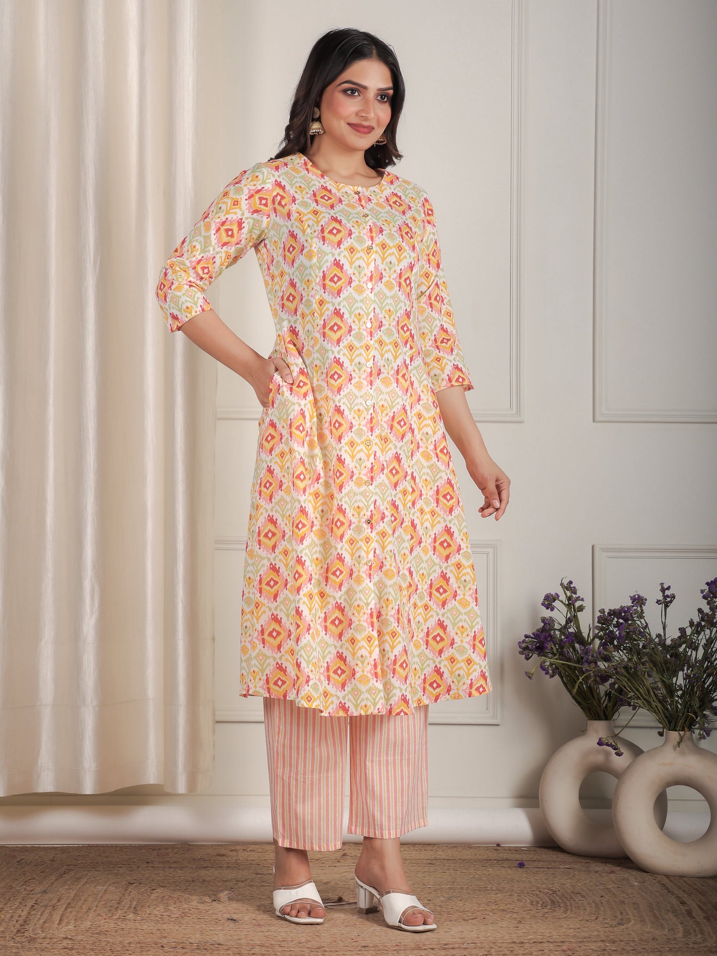 Soft Cotton Ikat A-line Peach Kurta