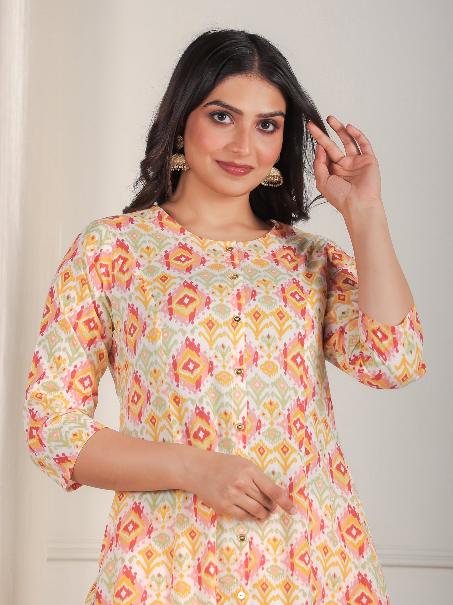Soft Cotton Ikat A-line Peach Kurta