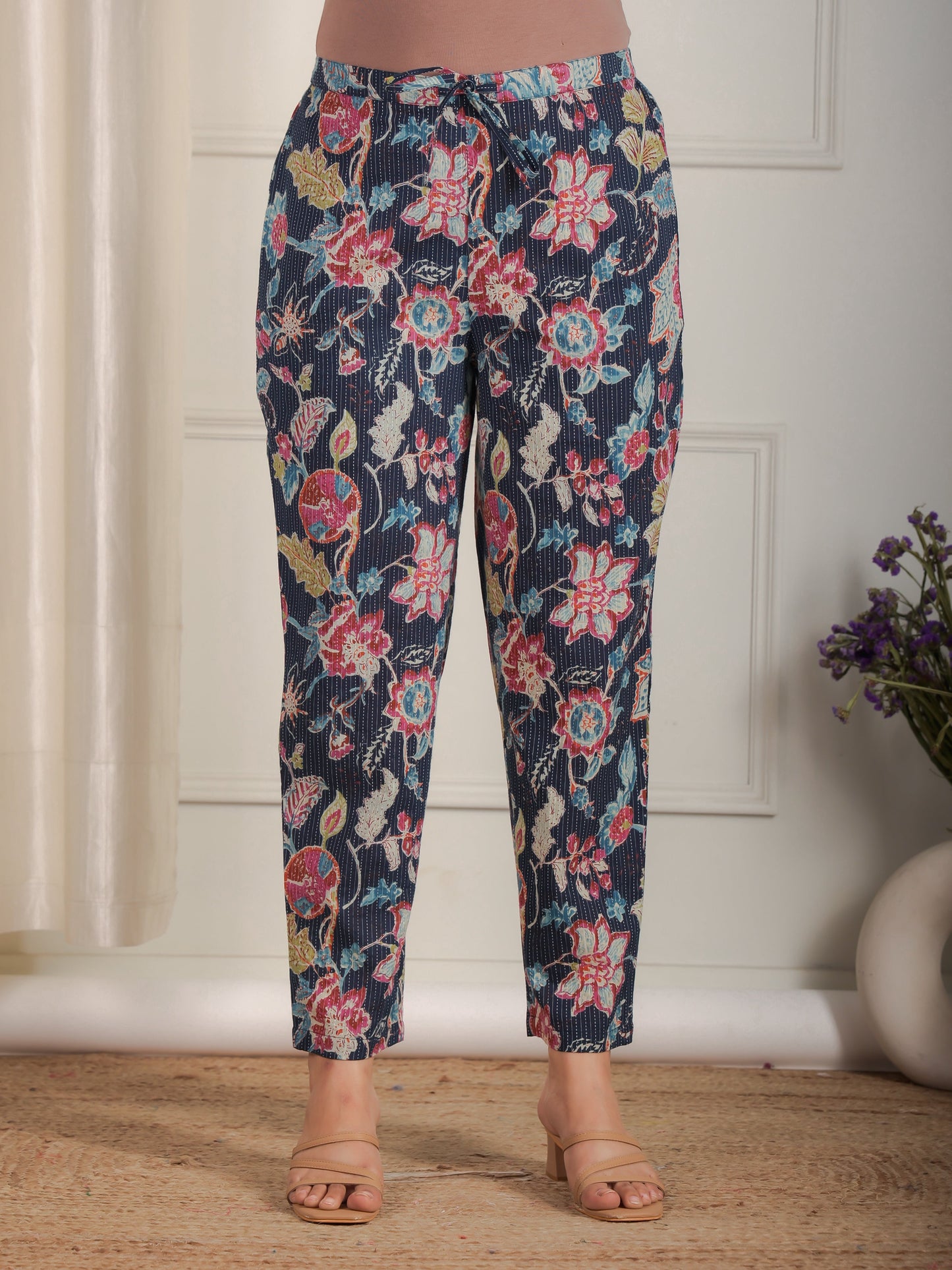 Kantha Cotton Floral Blue Tapered Trousers