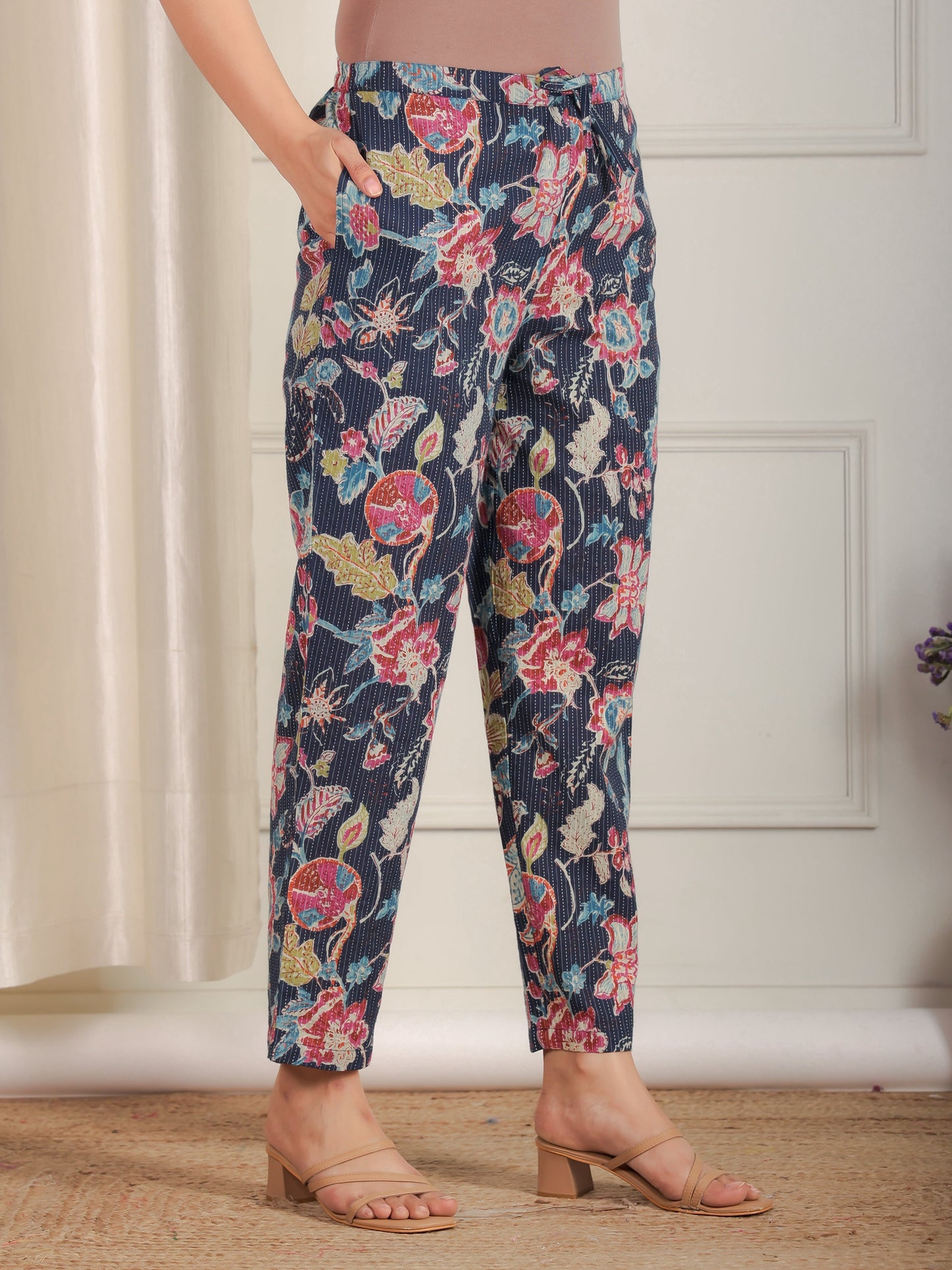 Kantha Cotton Floral Blue Tapered Trousers