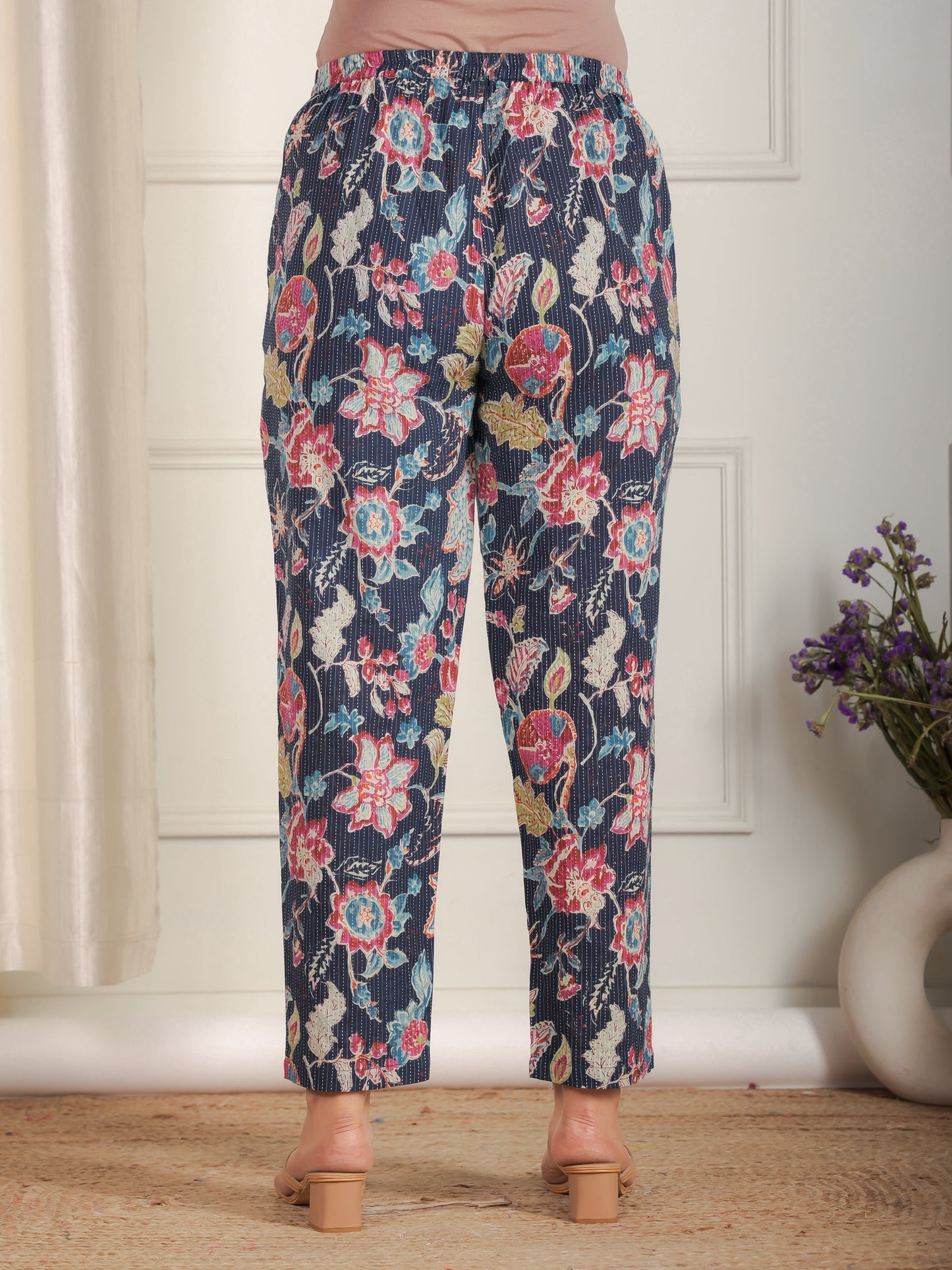 Kantha Cotton Floral Blue Tapered Trousers
