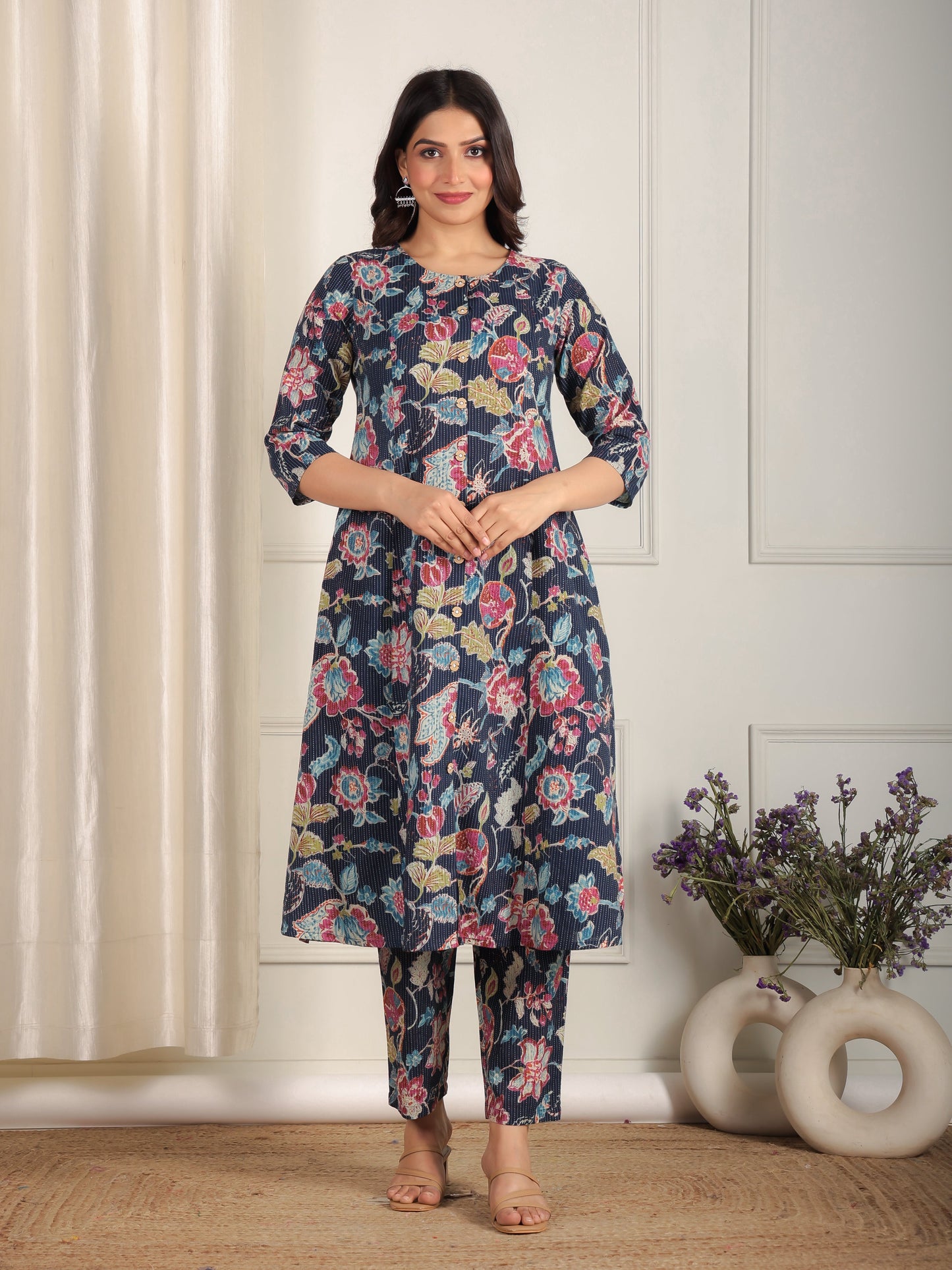 Kantha Cotton Floral Flared Blue Kurta
