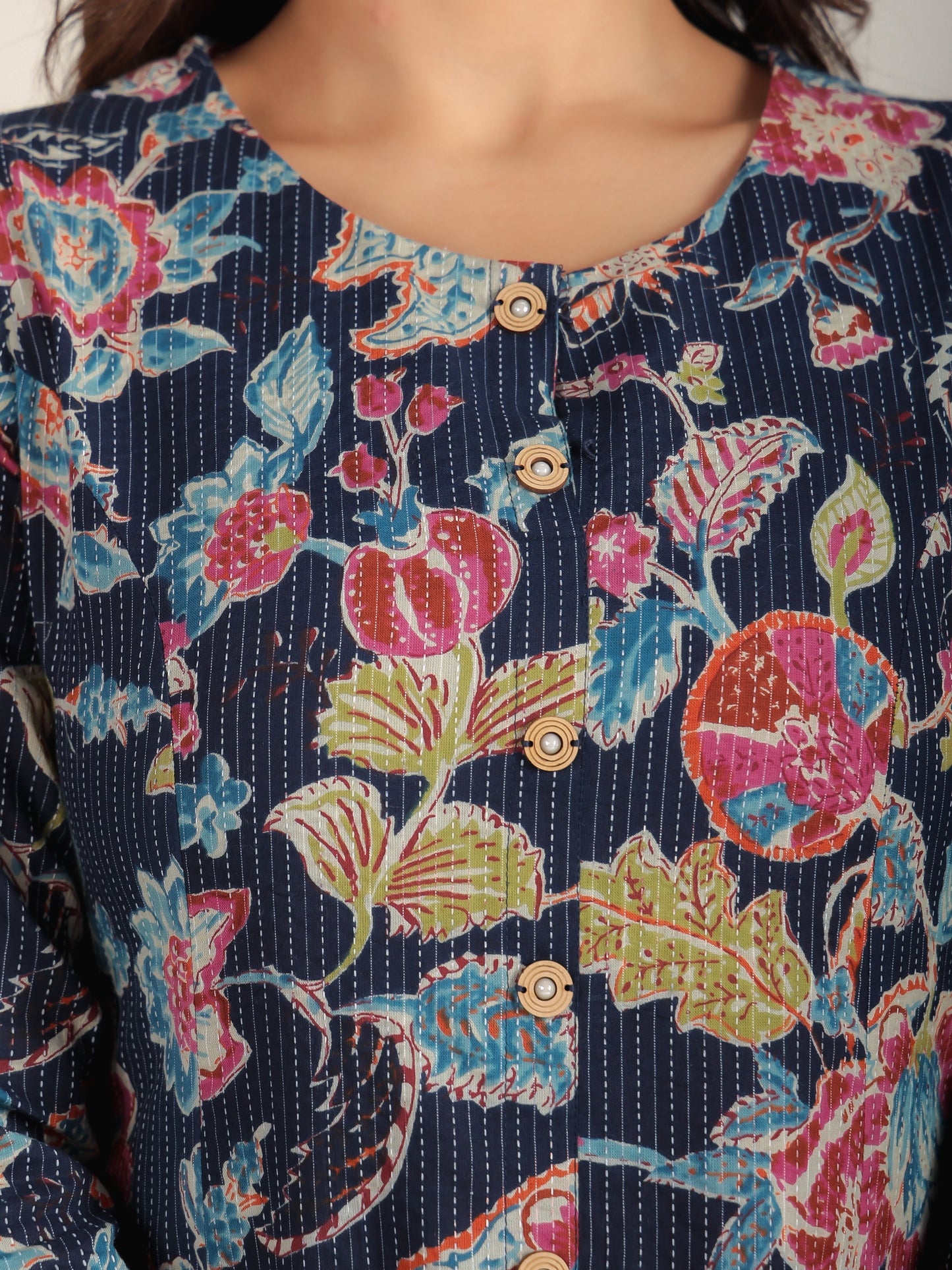 Kantha Cotton Floral Flared Blue Kurta