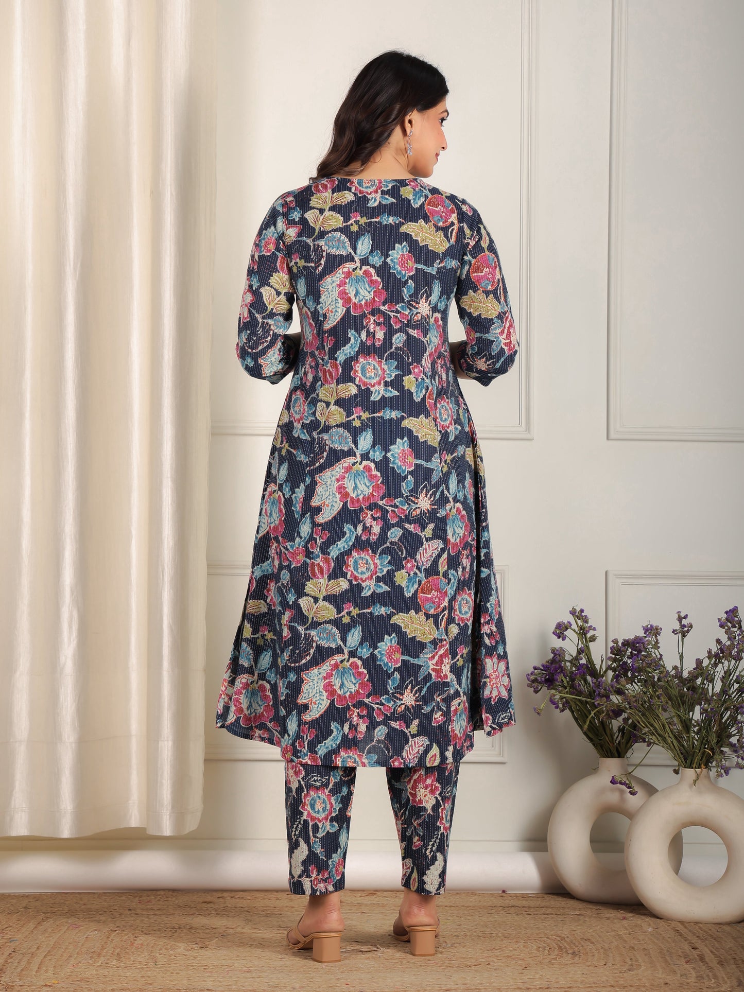 Kantha Cotton Floral Flared Blue Kurta