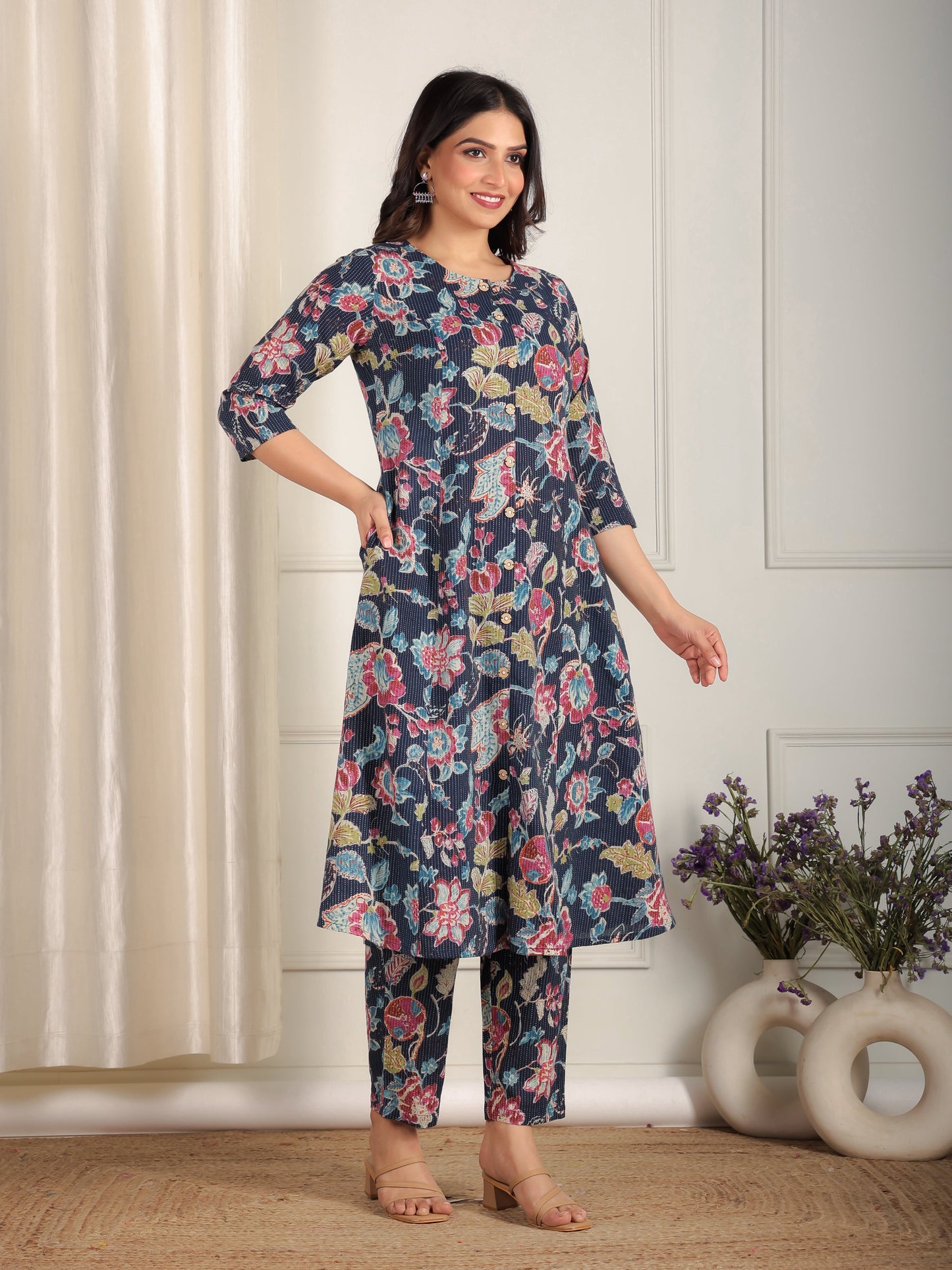 Kantha Cotton Floral Flared Blue Kurta