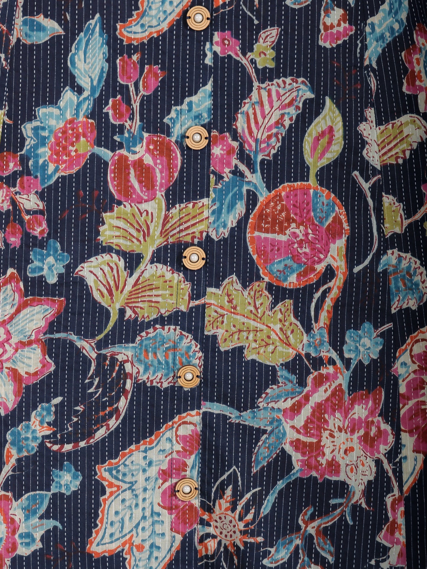 Kantha Cotton Floral Flared Blue Kurta