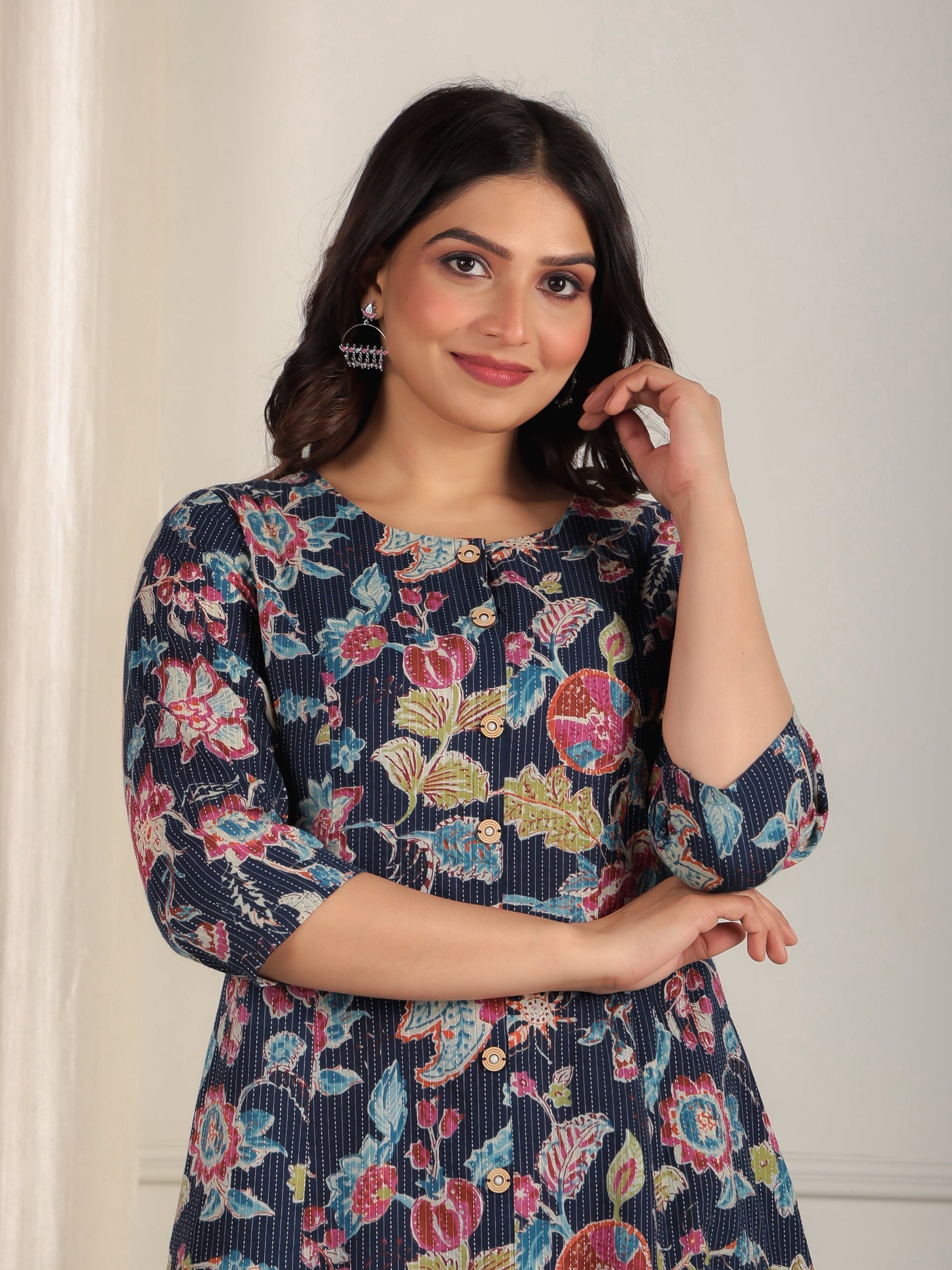Kantha Cotton Floral Flared Blue Kurta
