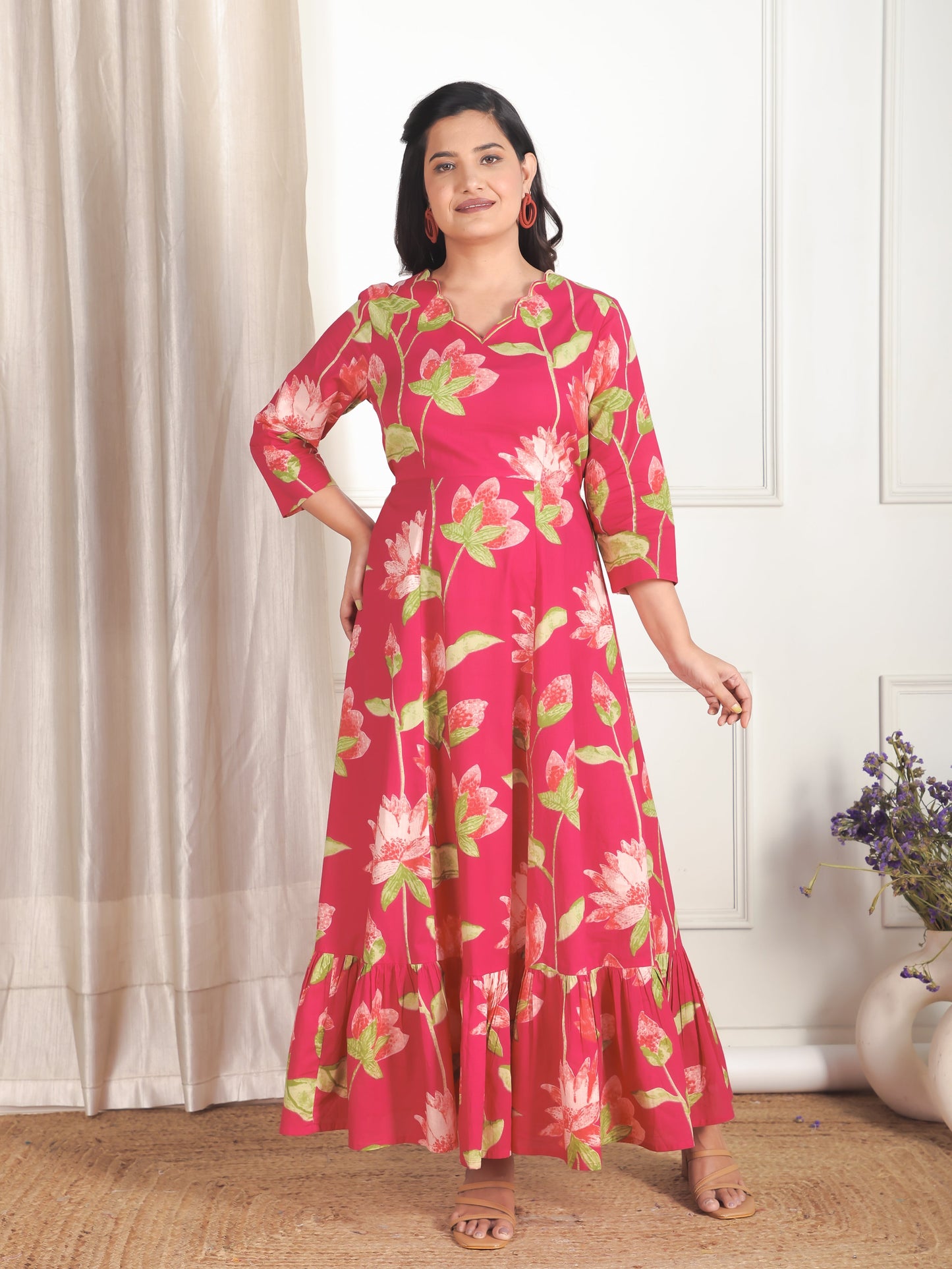 Embroidered Soft Cotton Floral Tiered Pink Dress