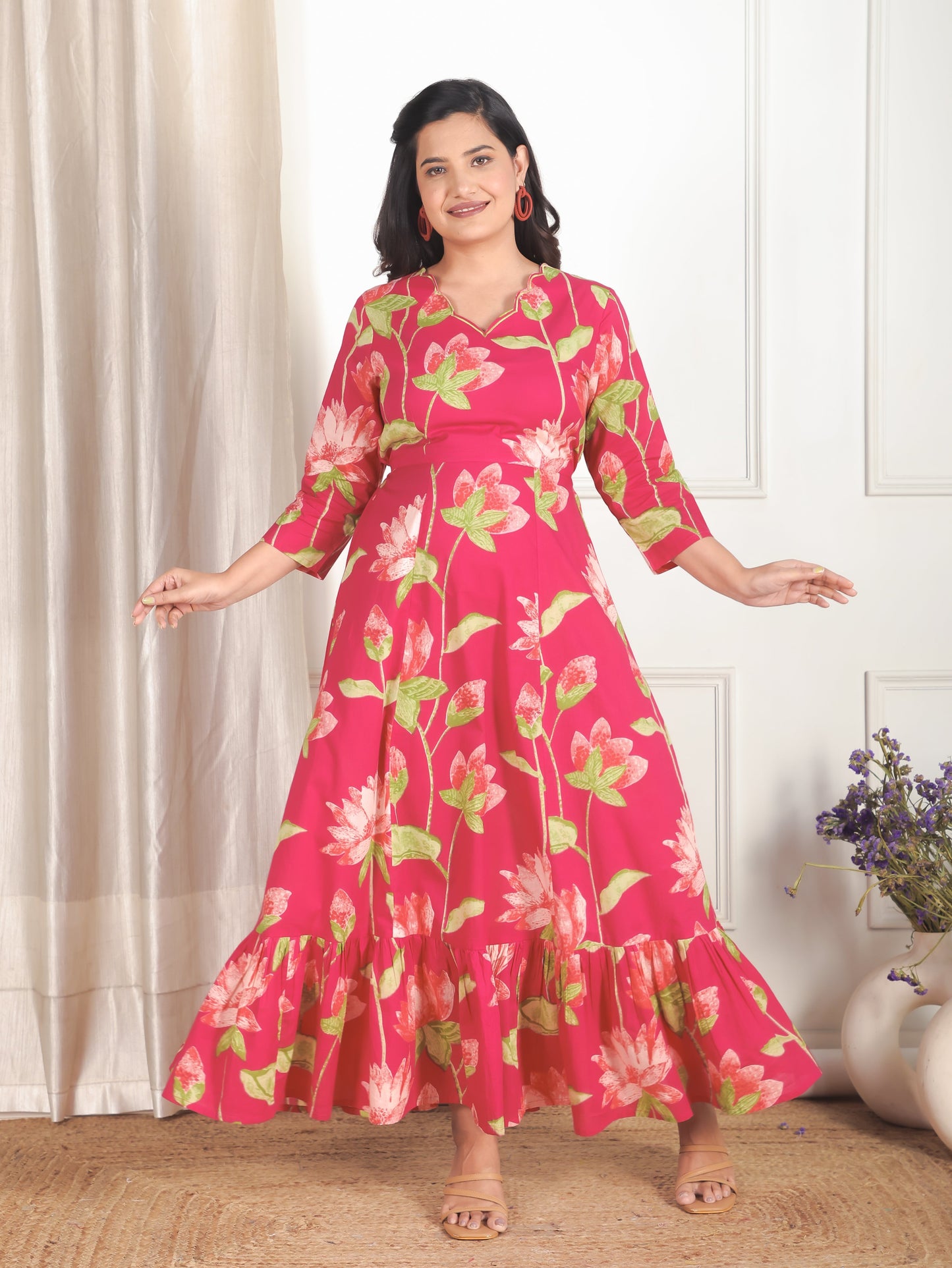 Embroidered Soft Cotton Floral Tiered Pink Dress