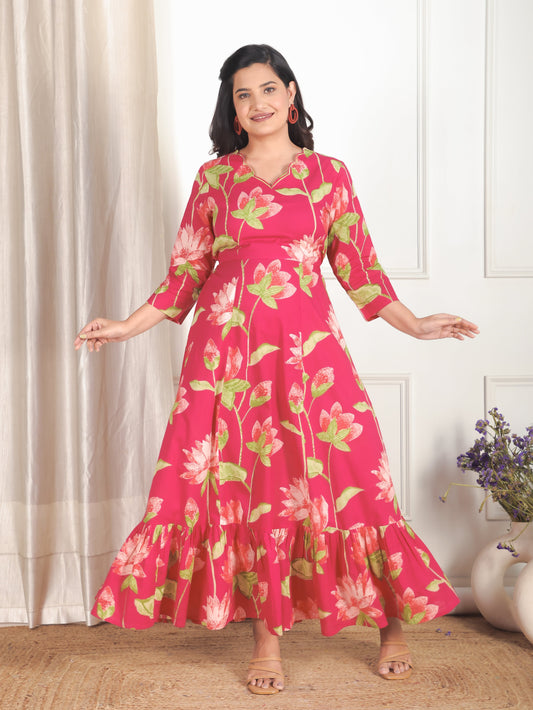 Embroidered Soft Cotton Floral Tiered Pink Dress