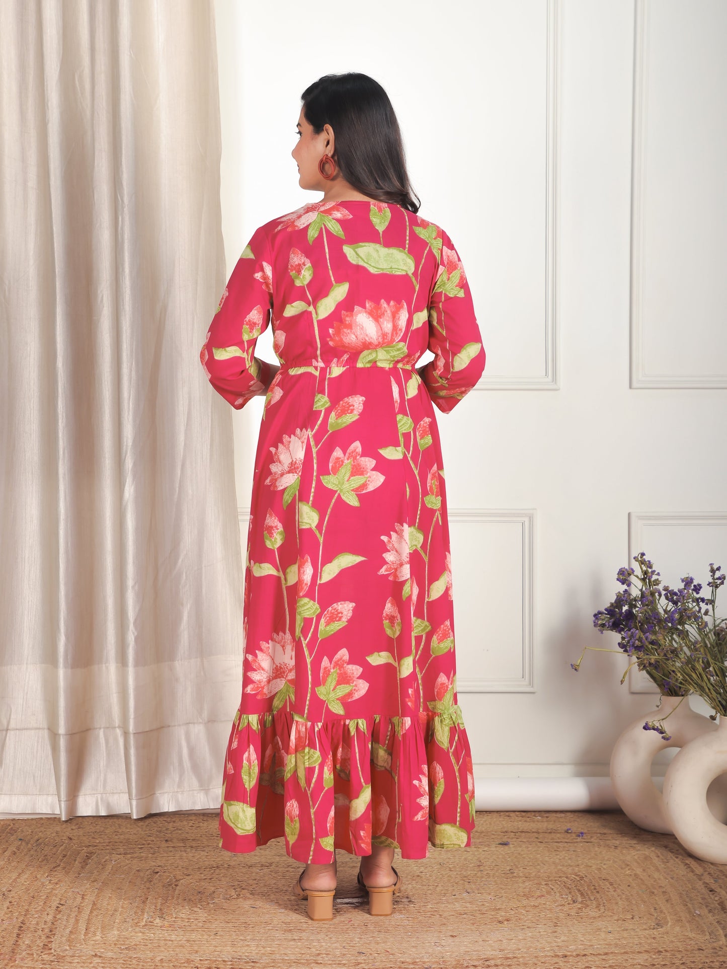 Embroidered Soft Cotton Floral Tiered Pink Dress