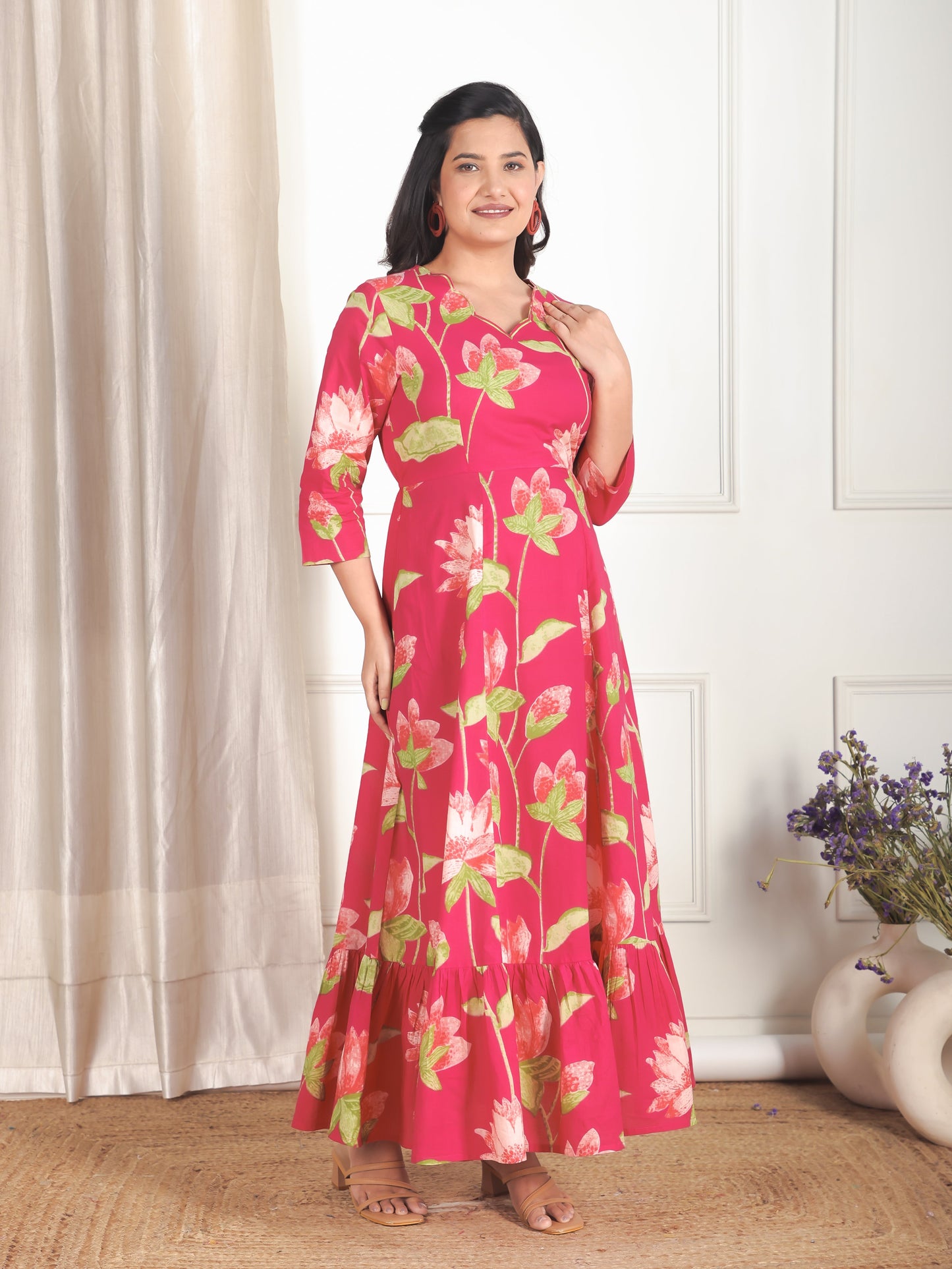 Embroidered Soft Cotton Floral Tiered Pink Dress