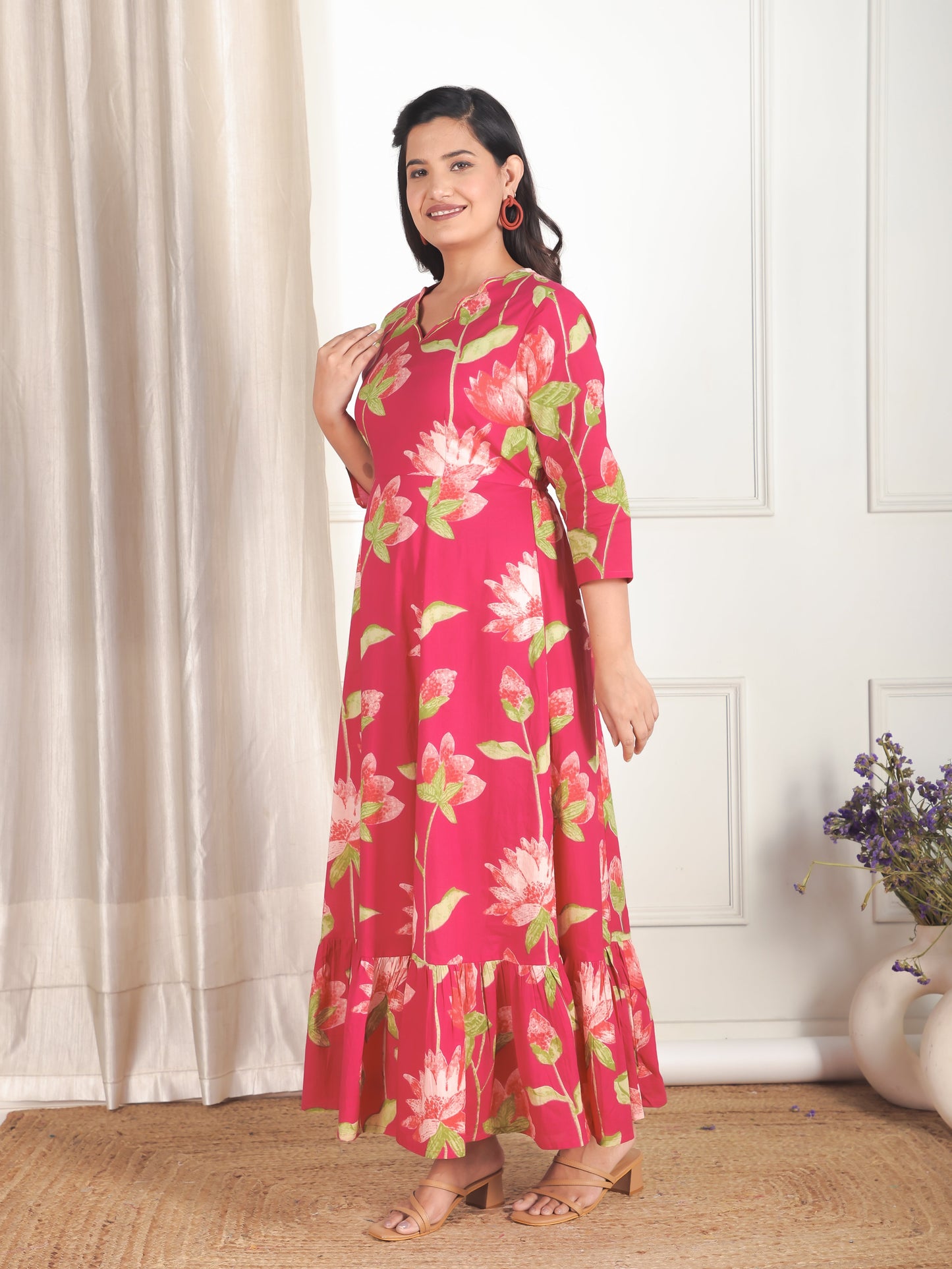 Embroidered Soft Cotton Floral Tiered Pink Dress
