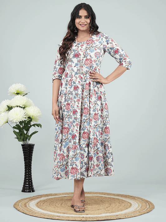 Soft Cotton Floral Anarkali White Dress with Necklace