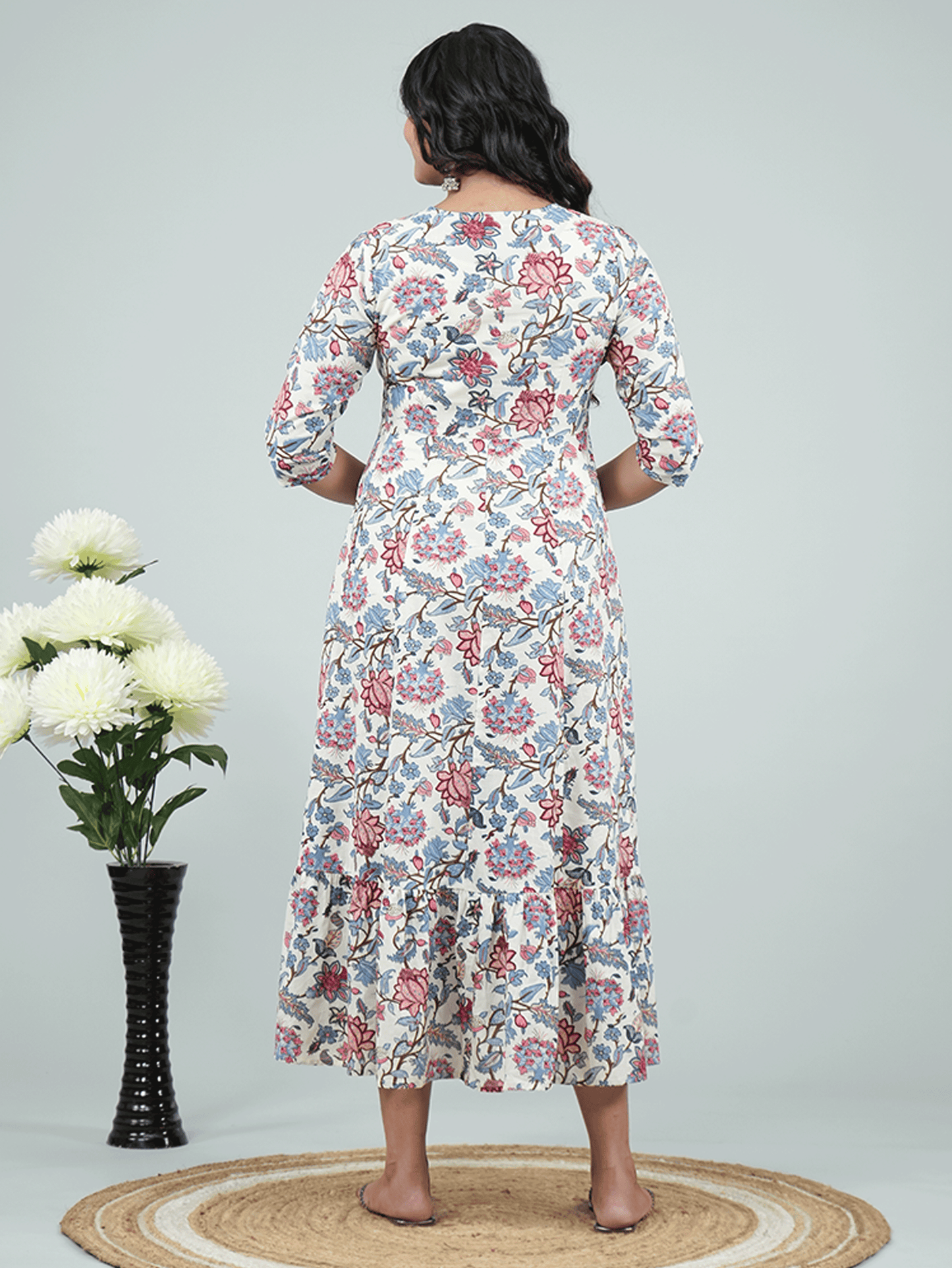 Soft Cotton Floral Anarkali White Dress with Necklace