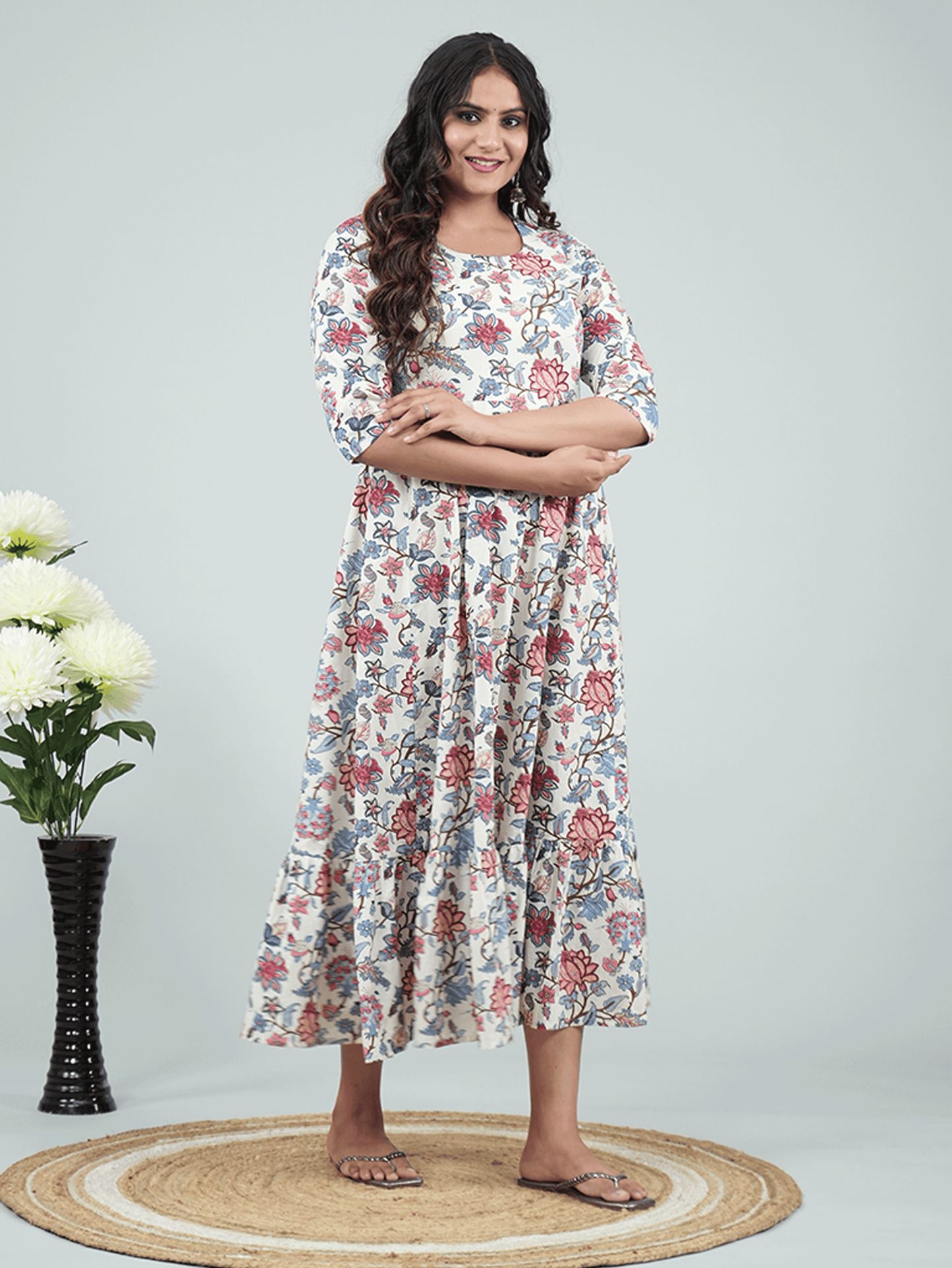 Soft Cotton Floral Anarkali White Dress with Necklace