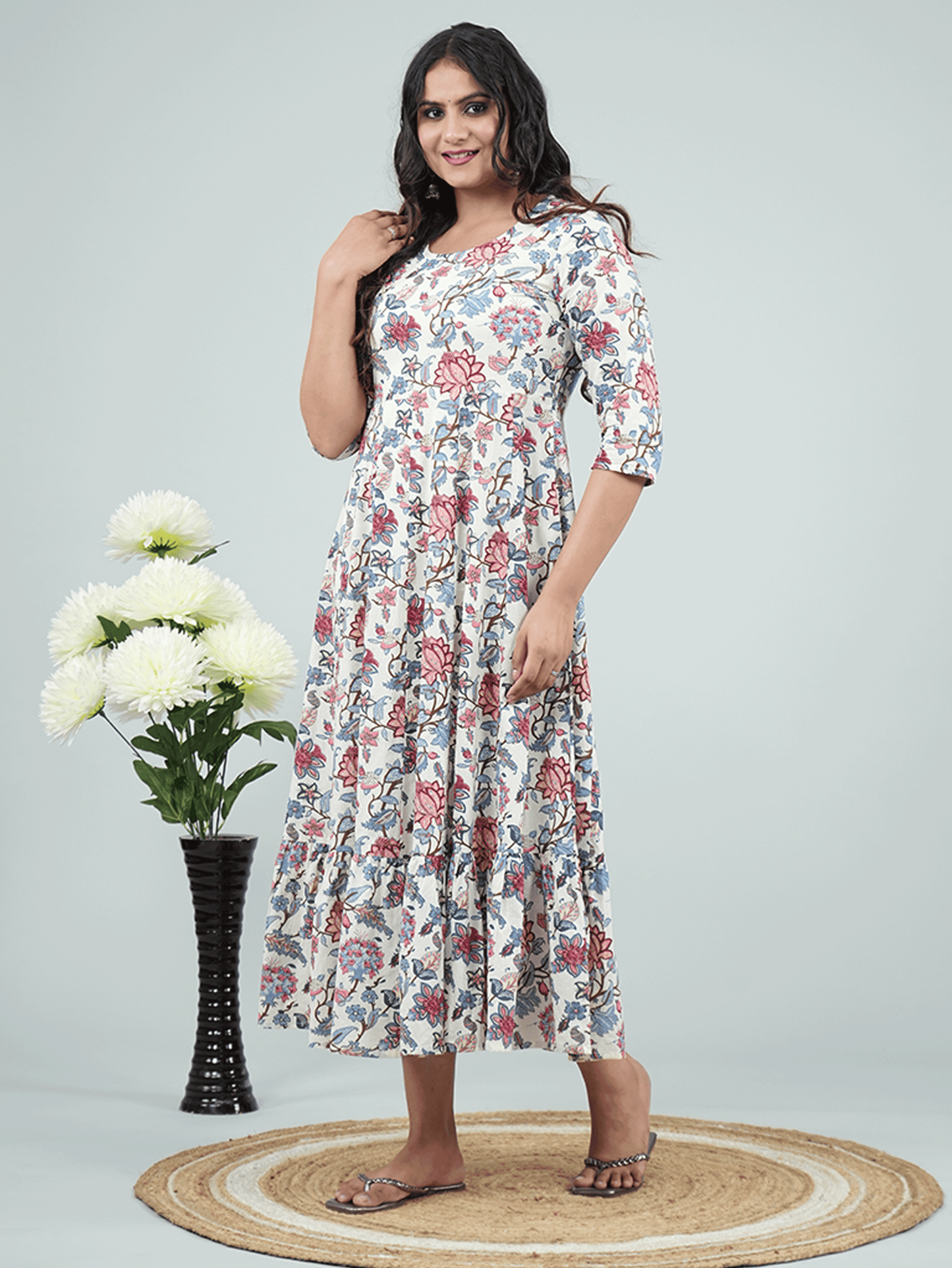 Soft Cotton Floral Anarkali White Dress with Necklace