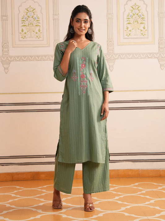 Embroidered Cotton Dobby Solid Straight Green Kurta