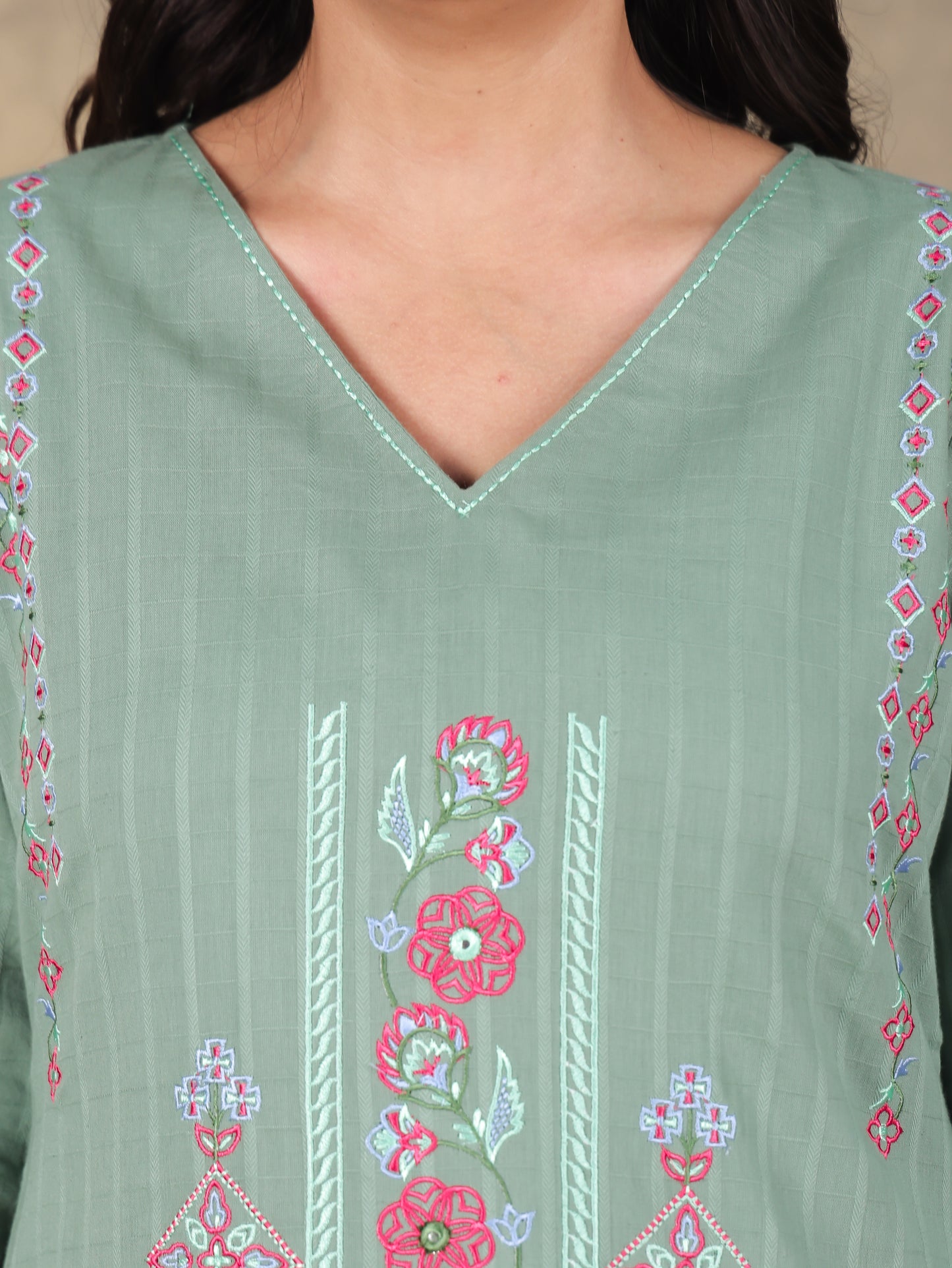 Embroidered Cotton Dobby Solid Straight Green Kurta